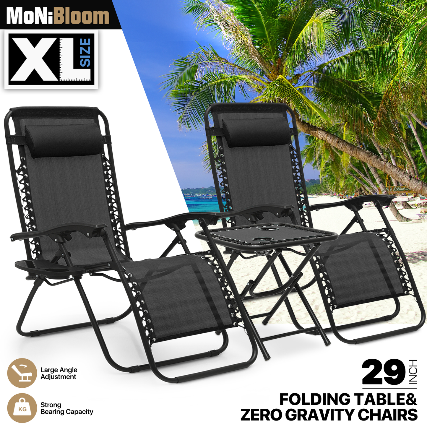 Lounge Chair - 29" Seat Width - Adjustablt Backrest 95°-140° - 2 Chairs+1 Folding Table w/Tray & Headrest