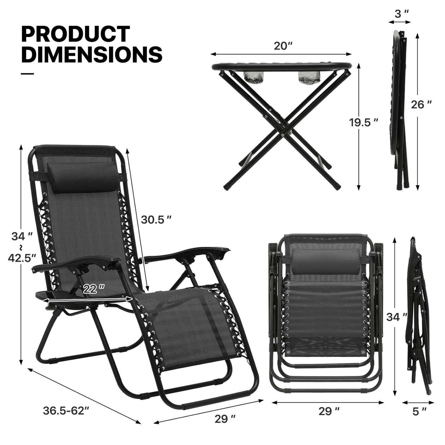 Lounge Chair - 29" Seat Width - Adjustablt Backrest 95°-140° - 2 Chairs+1 Folding Table w/Tray & Headrest