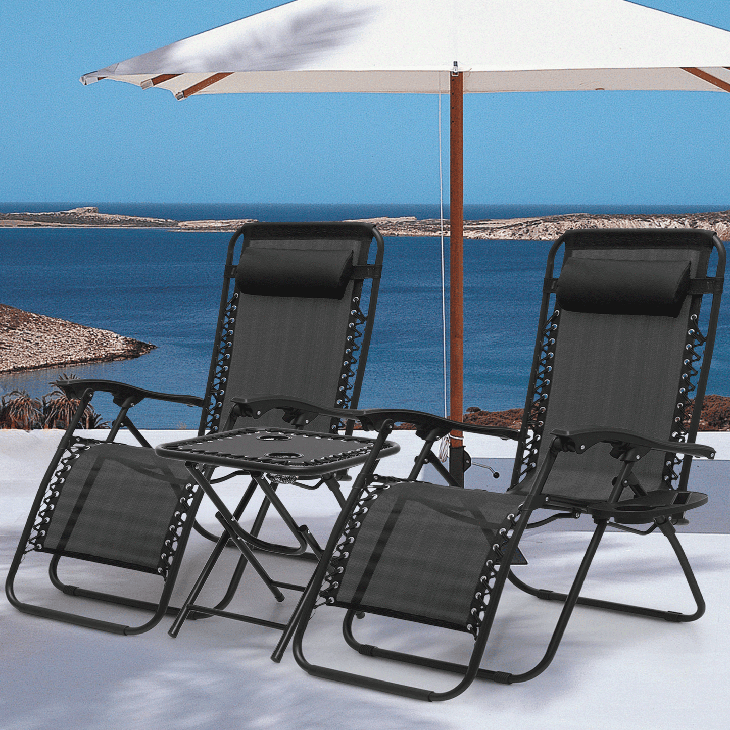 Lounge Chair - 29" Seat Width - Adjustablt Backrest 95°-140° - 2 Chairs+1 Folding Table w/Tray & Headrest