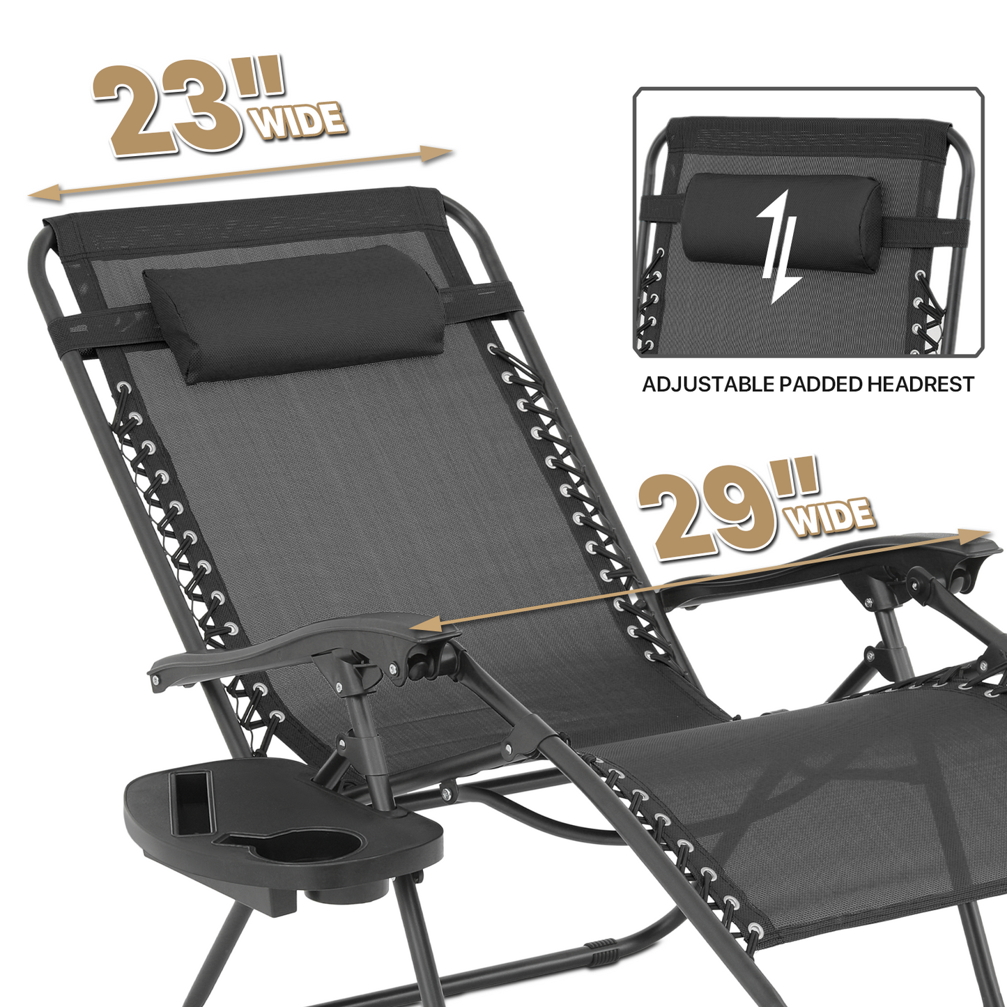 Lounge Chair - 29" Seat Width - Adjustablt Backrest 95°-140° - 2 Chairs+1 Folding Table w/Tray & Headrest