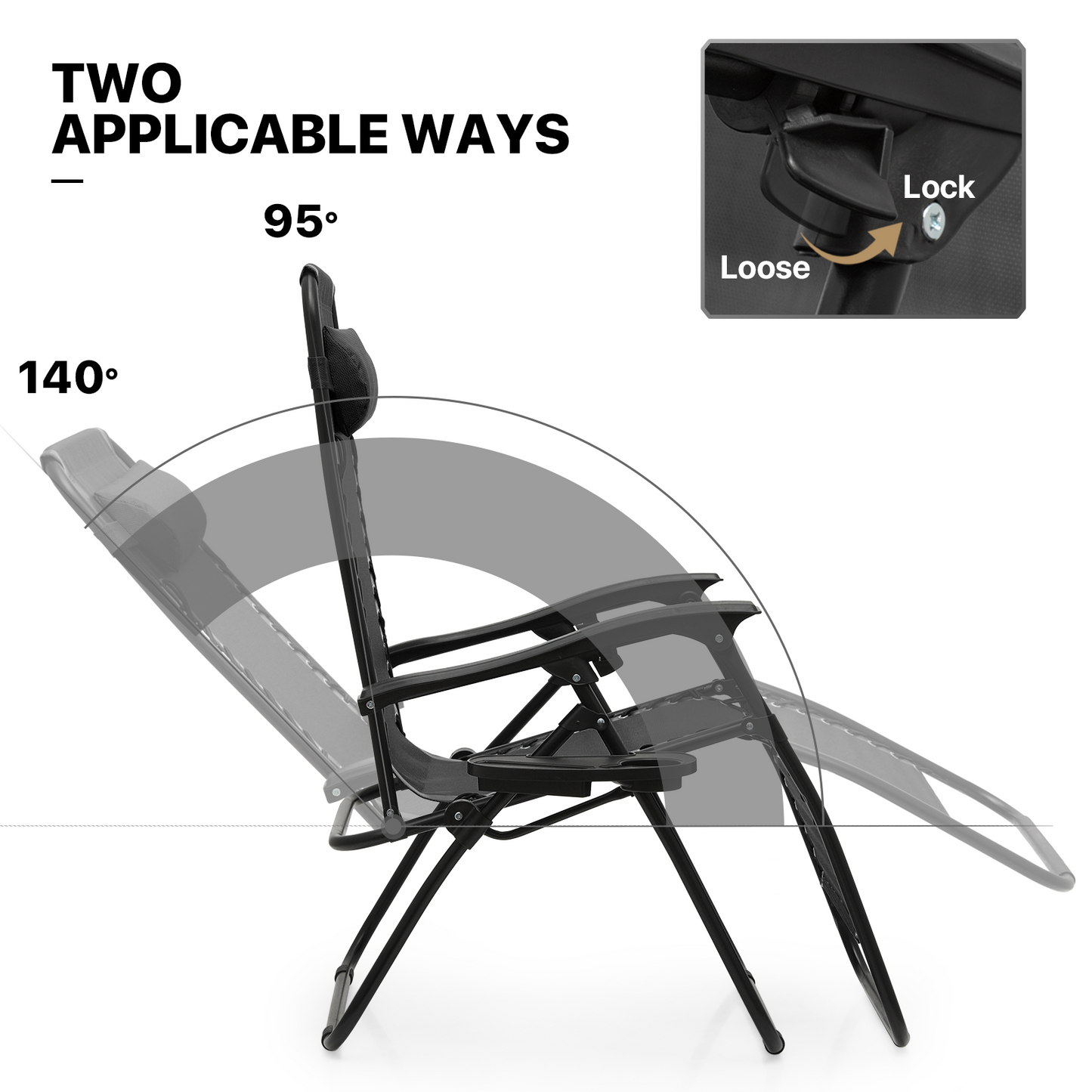 Lounge Chair - 29" Seat Width - Adjustablt Backrest 95°-140° - 2 Chairs+1 Folding Table w/Tray & Headrest