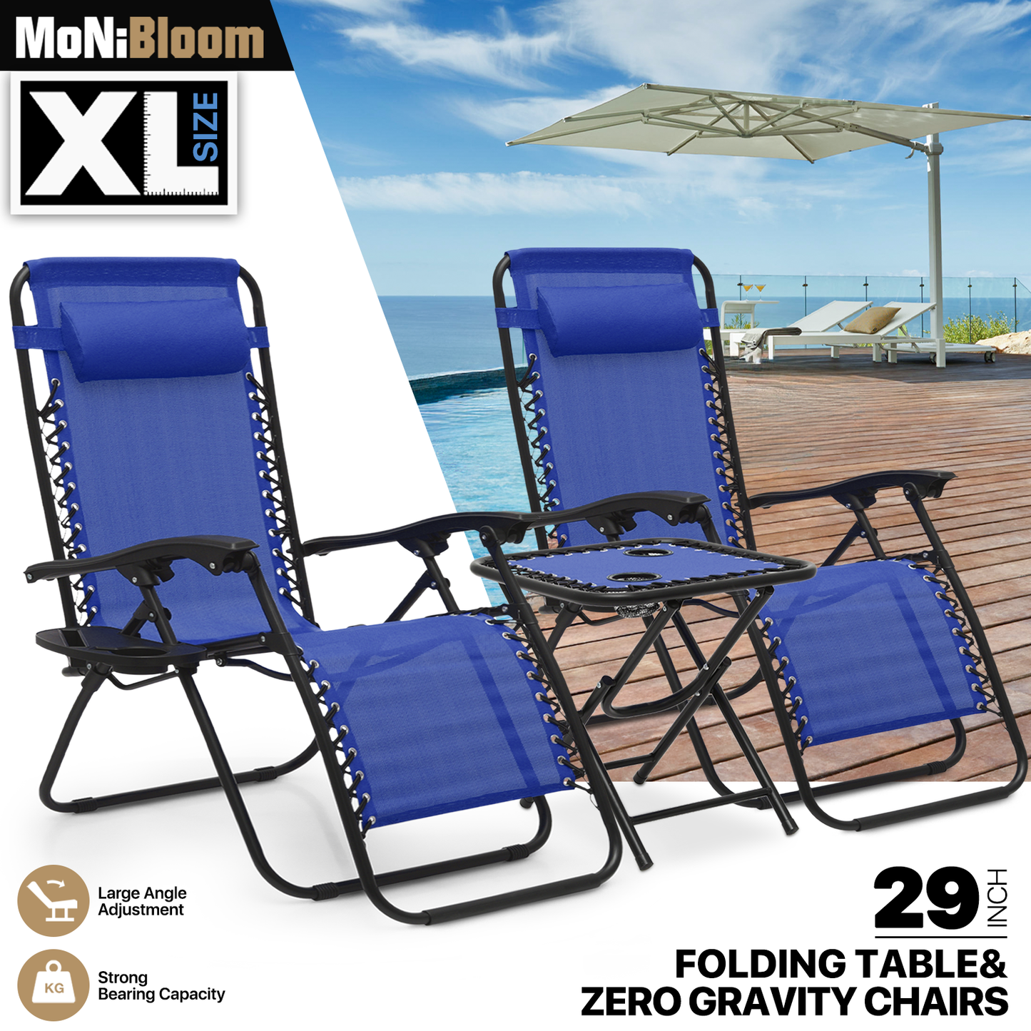 Lounge Chair - 29" Seat Width - Adjustablt Backrest 95°-140° - 2 Chairs+1 Folding Table w/Tray & Headrest