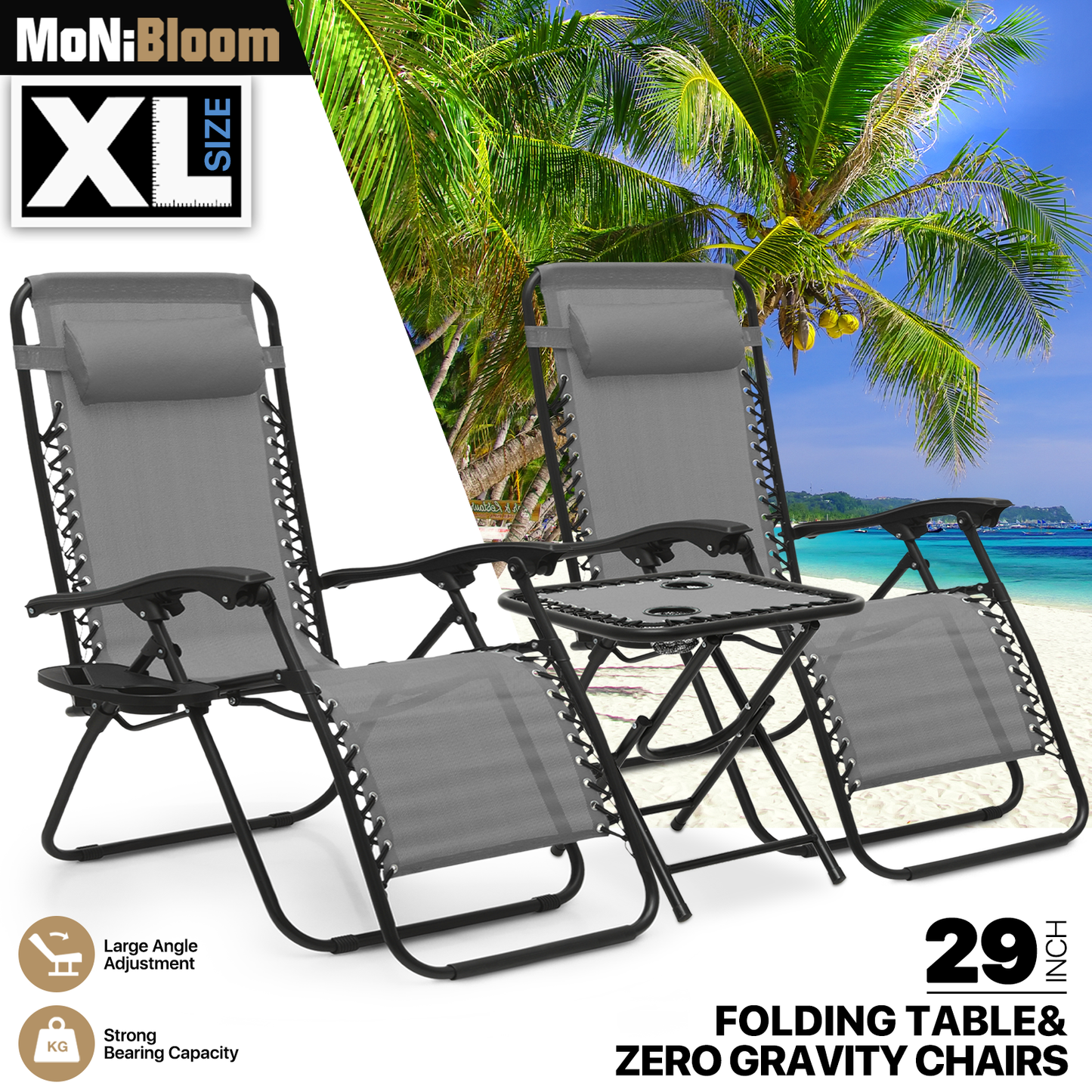 Lounge Chair - 29" Seat Width - Adjustablt Backrest 95°-140° - 2 Chairs+1 Folding Table w/Tray & Headrest