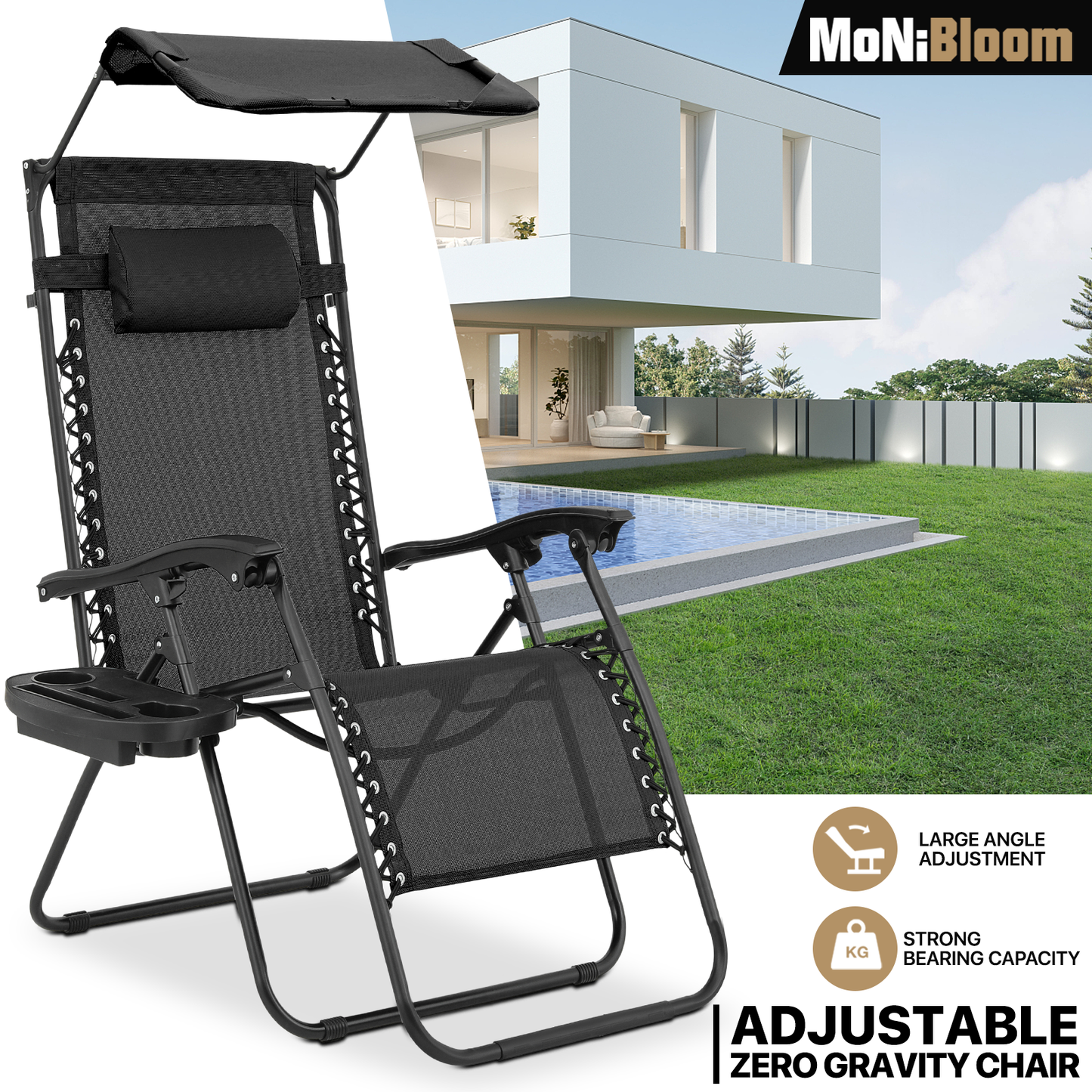 Adjustable Lounge Chair - 25" Seat Width - w/ Canopy & Tray & Headrest & Foot Pad