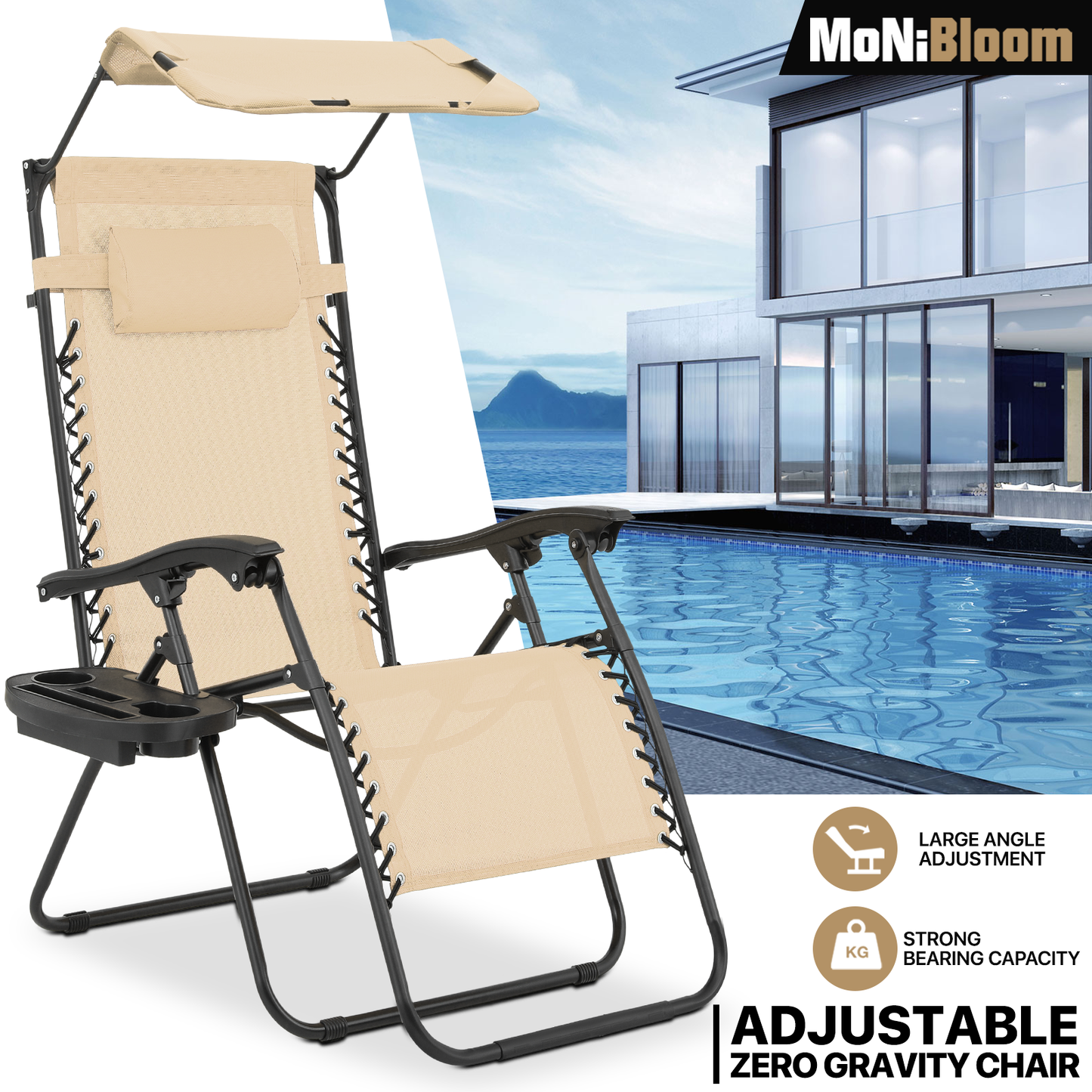 Adjustable Lounge Chair - 25" Seat Width - w/ Canopy & Tray & Headrest & Foot Pad