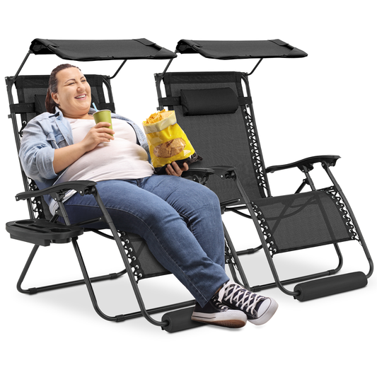 2 Pieces Adjustable Lounge Chair - 29" Seat Width - w/ Canopy & Tray & Headrest & Foot Pads