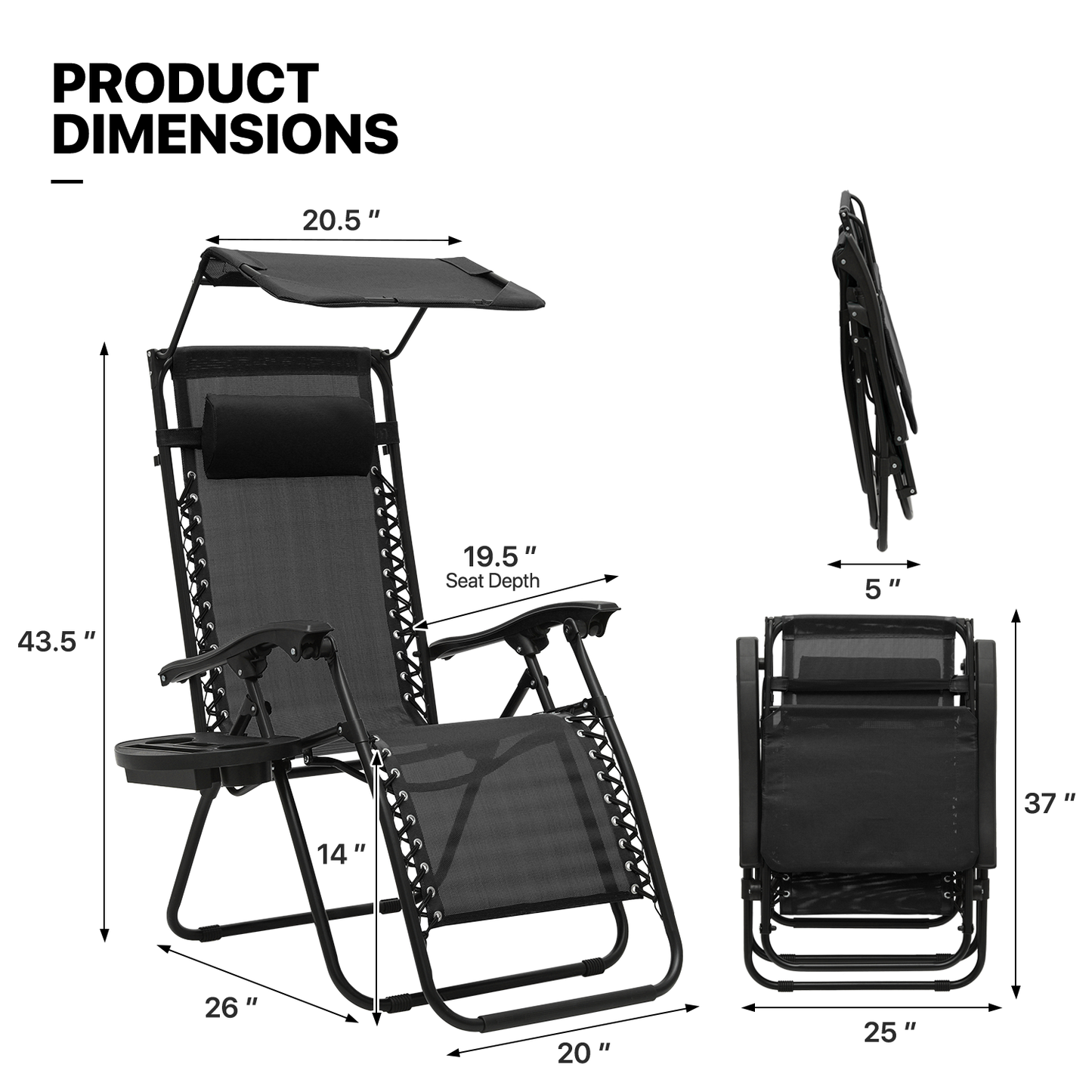 Set of 2 Zero Gravity Chair 20"x26"x43.5" - with Sunshade