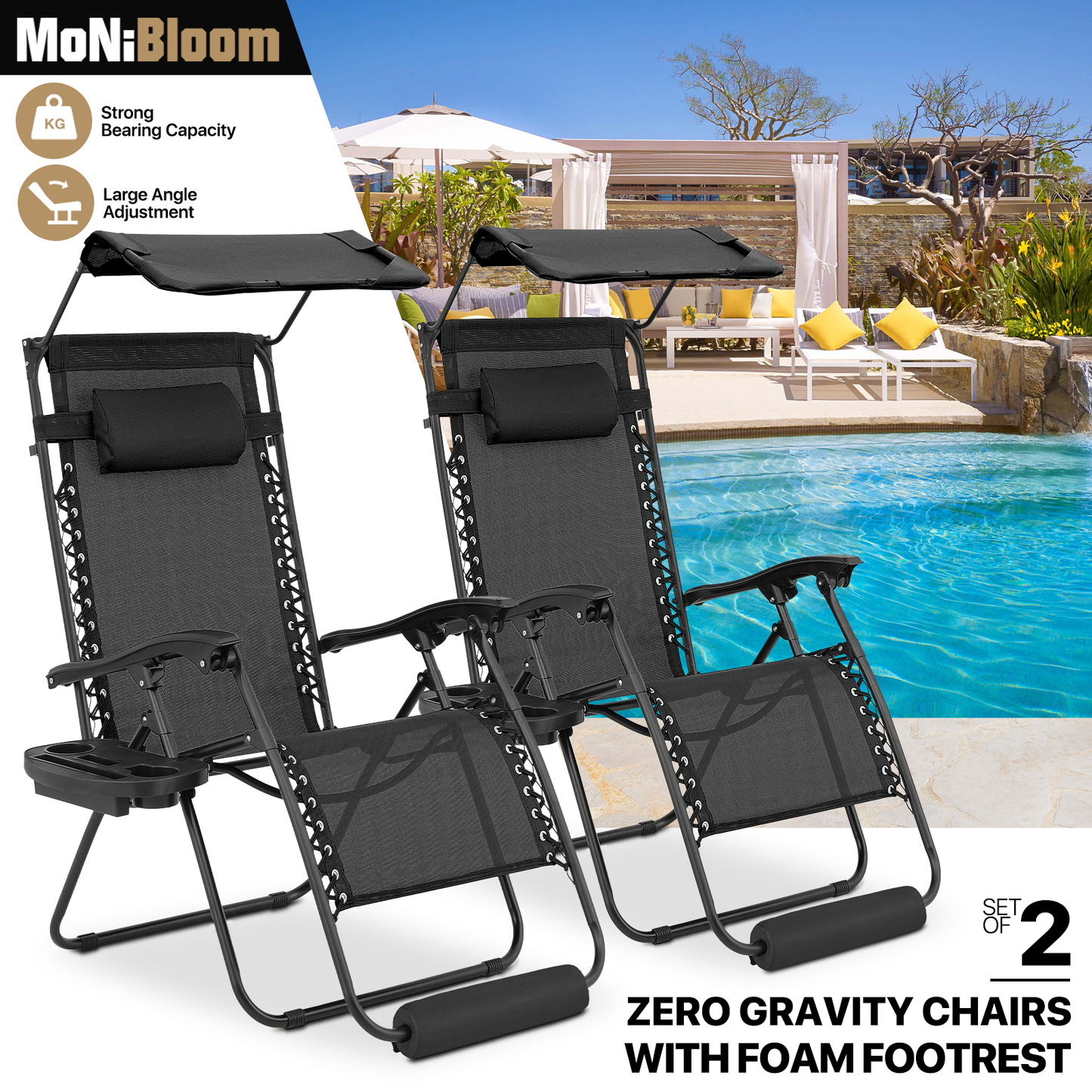 Adjustable Lounge Chair - 25" Seat Width - w/ Canopy & Tray & Headrest & Foot Pad