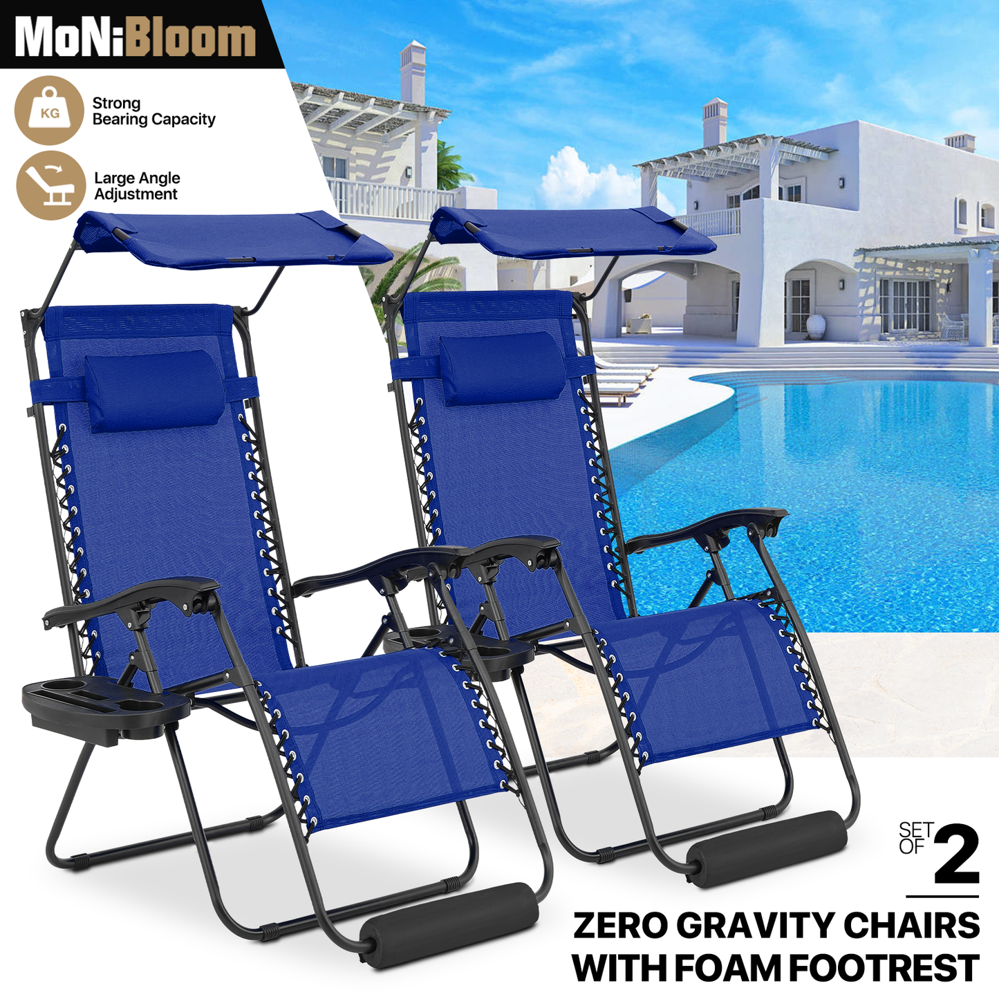 Adjustable Lounge Chair - 25" Seat Width - w/ Canopy & Tray & Headrest & Foot Pad