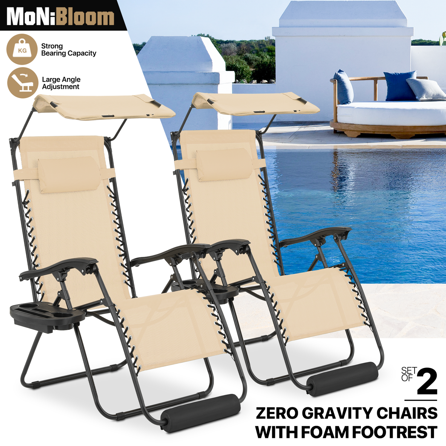 Adjustable Lounge Chair - 25" Seat Width - w/ Canopy & Tray & Headrest & Foot Pad