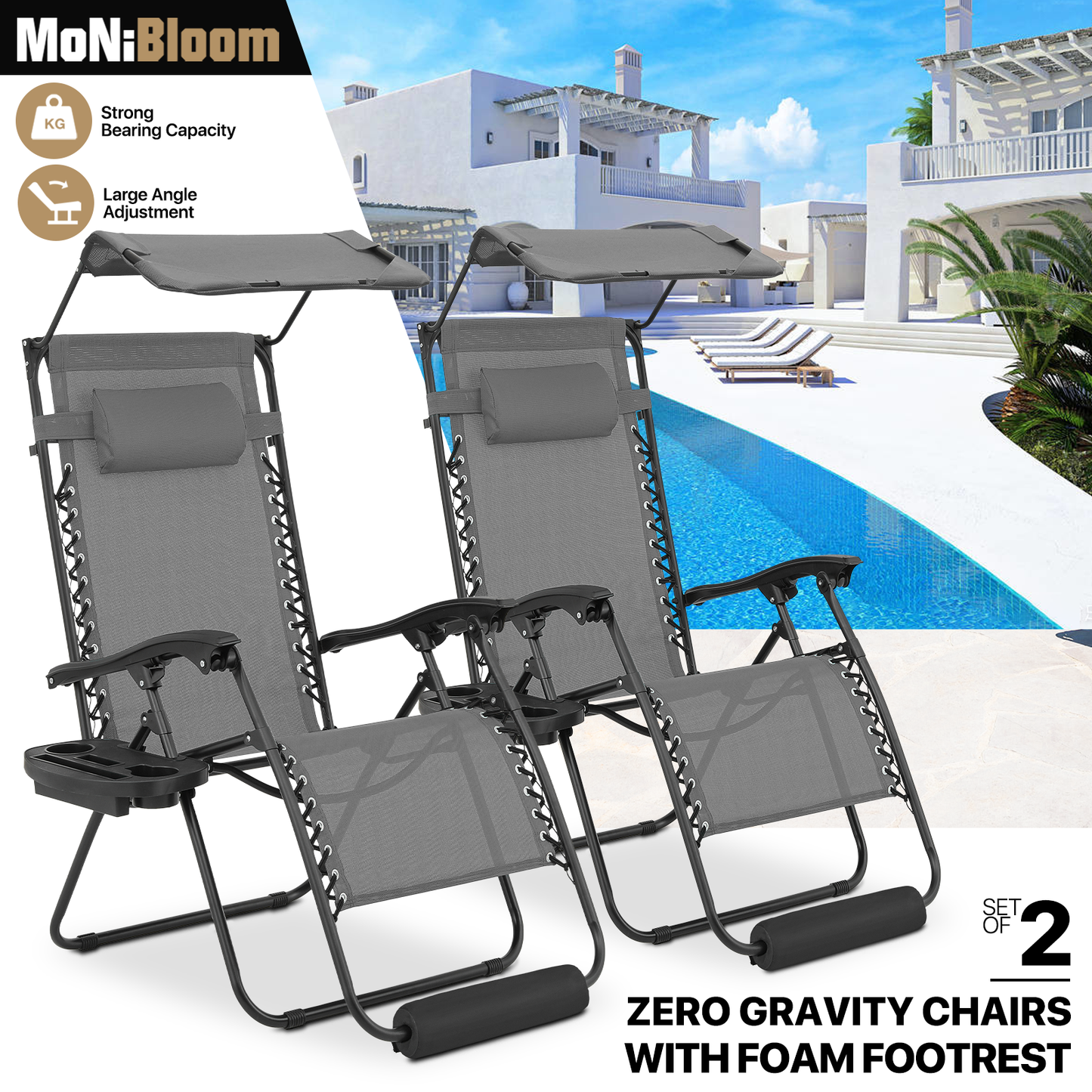 Adjustable Lounge Chair - 25" Seat Width - w/ Canopy & Tray & Headrest & Foot Pad