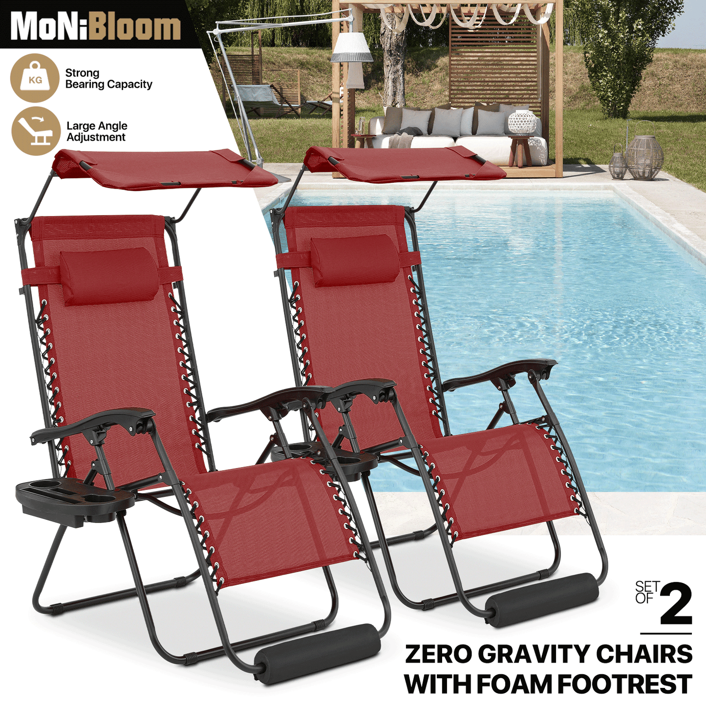 Adjustable Lounge Chair - 25" Seat Width - w/ Canopy & Tray & Headrest & Foot Pad