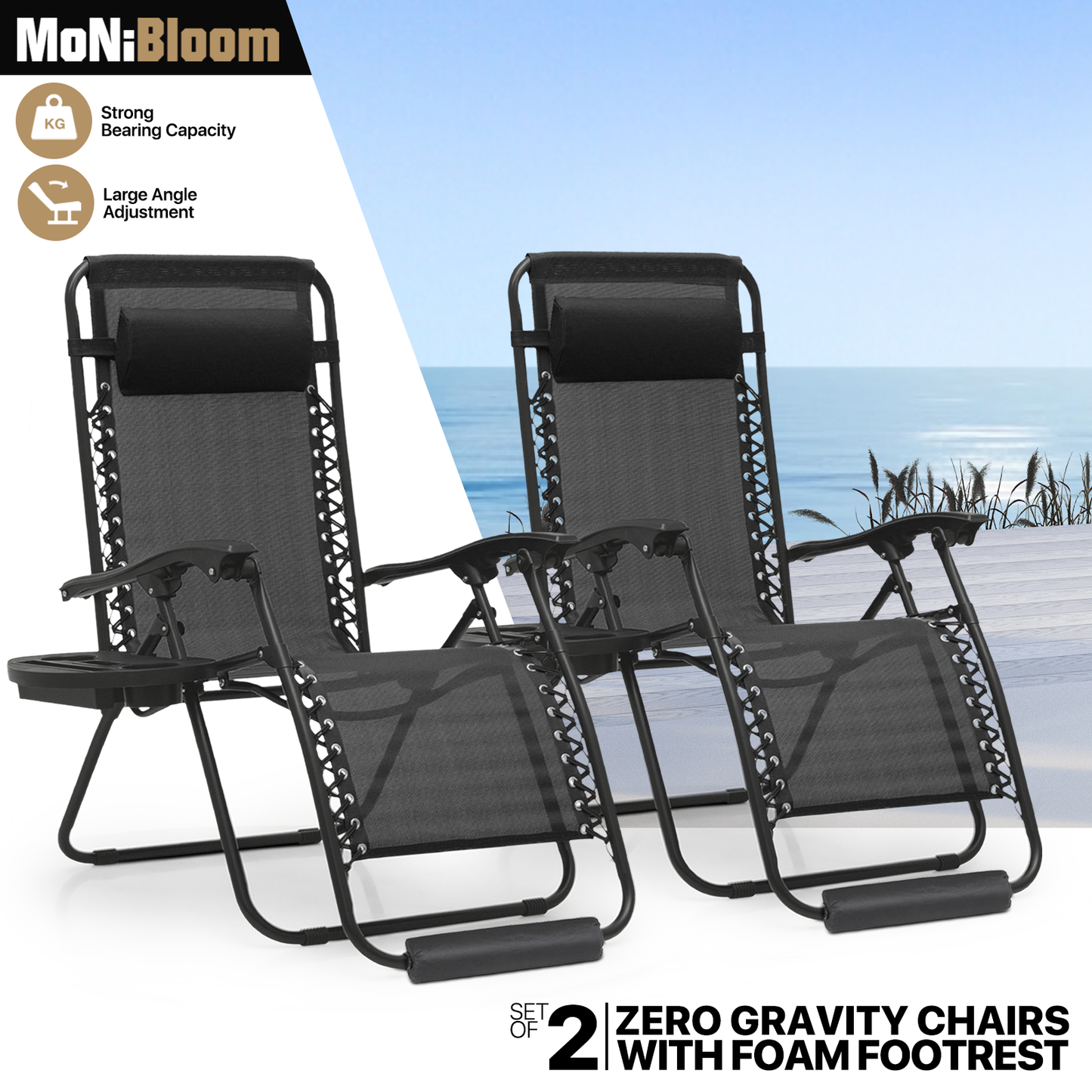 2 Pieces Adjustable Lounge Chair - 25" Seat Width - w/ Tray & Headrest & Foot Pads