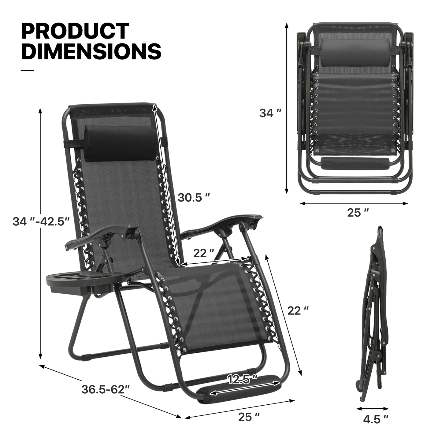 2 Pieces Adjustable Lounge Chair - 25" Seat Width - w/ Tray & Headrest & Foot Pads