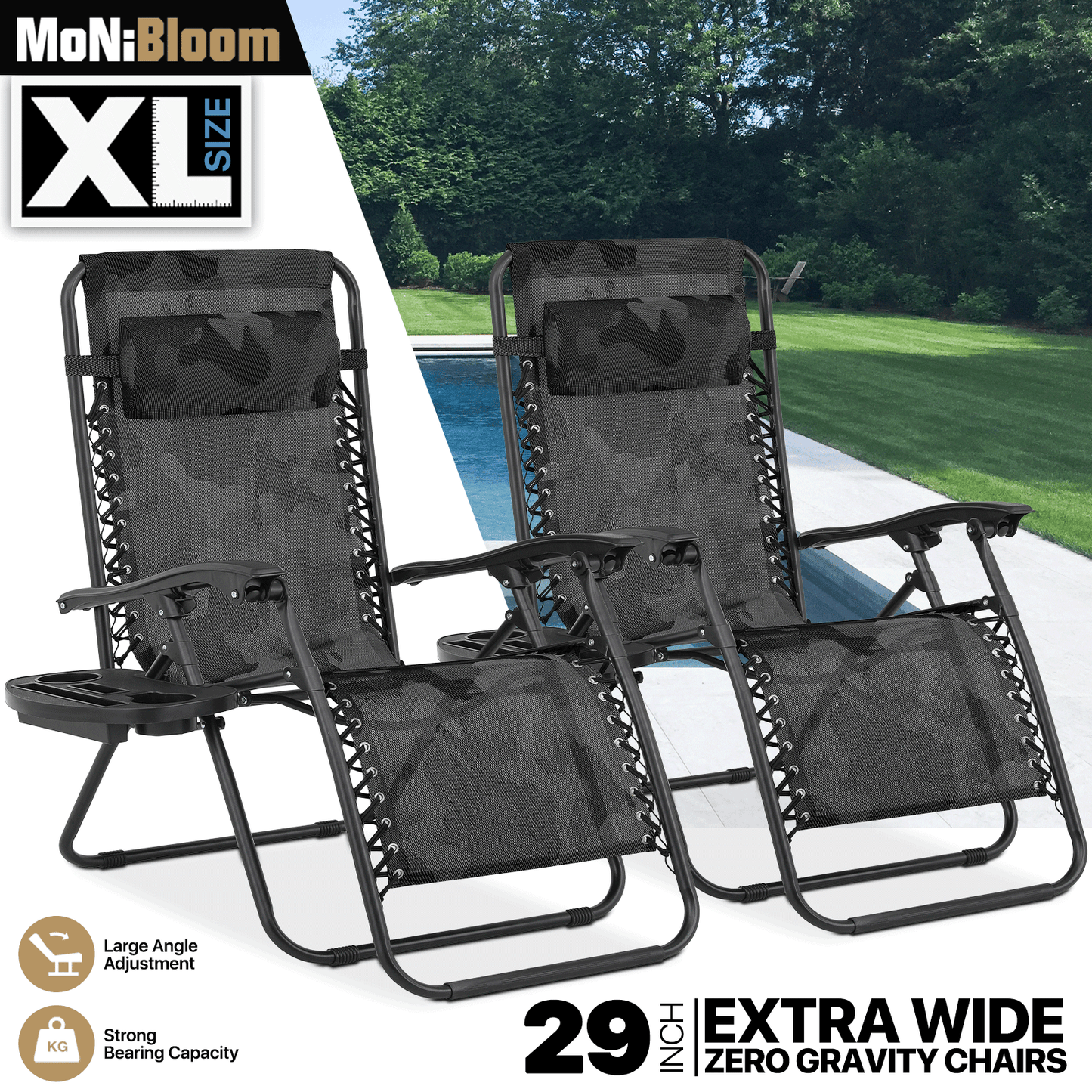 2 Pieces Lounge Chair - 29" Width Seat - 95°-140° Adjustable Backrest- w/Tray+Headrest