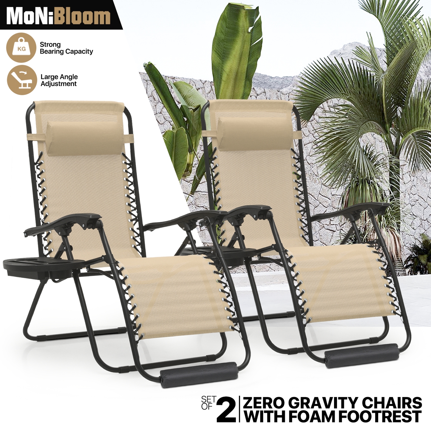 2 Pieces Adjustable Lounge Chair - 25" Seat Width - w/ Tray & Headrest & Foot Pads