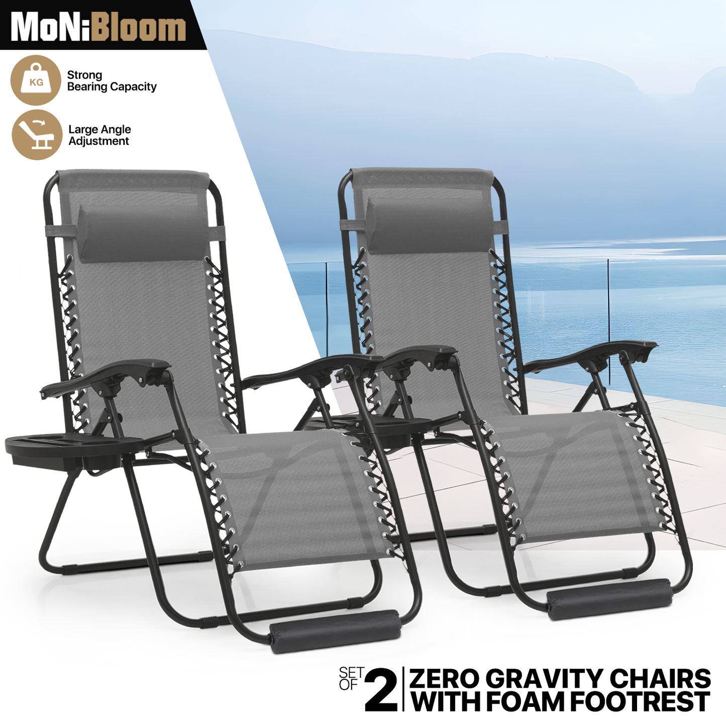 2 Pieces Adjustable Lounge Chair - 25" Seat Width - w/ Tray & Headrest & Foot Pads