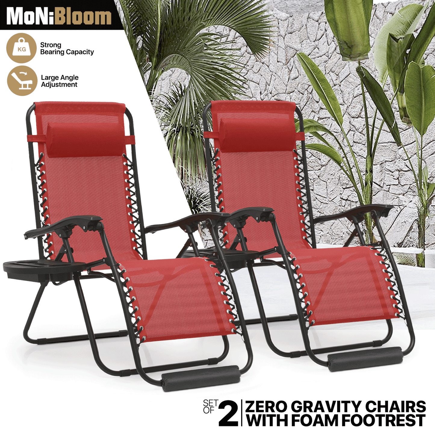 2 Pieces Adjustable Lounge Chair - 25" Seat Width - w/ Tray & Headrest & Foot Pads