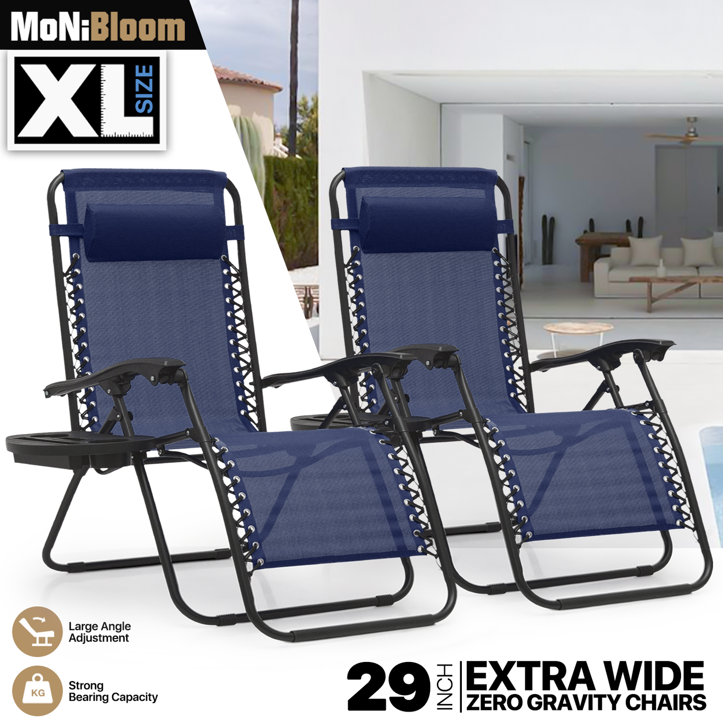 2 Pieces Lounge Chair - 29" Width Seat - 95°-140° Adjustable Backrest- w/Tray+Headrest