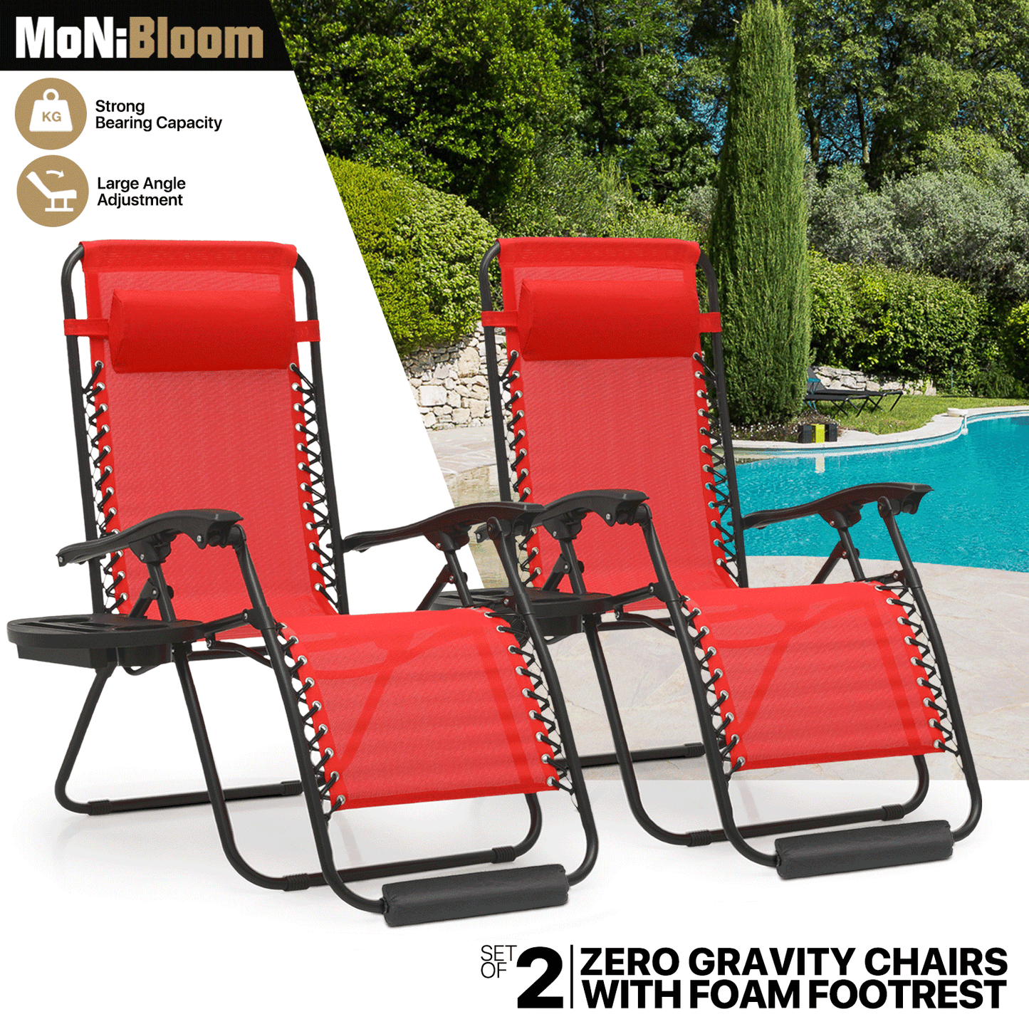 2 Pieces Adjustable Lounge Chair - 25" Seat Width - w/ Tray & Headrest & Foot Pads