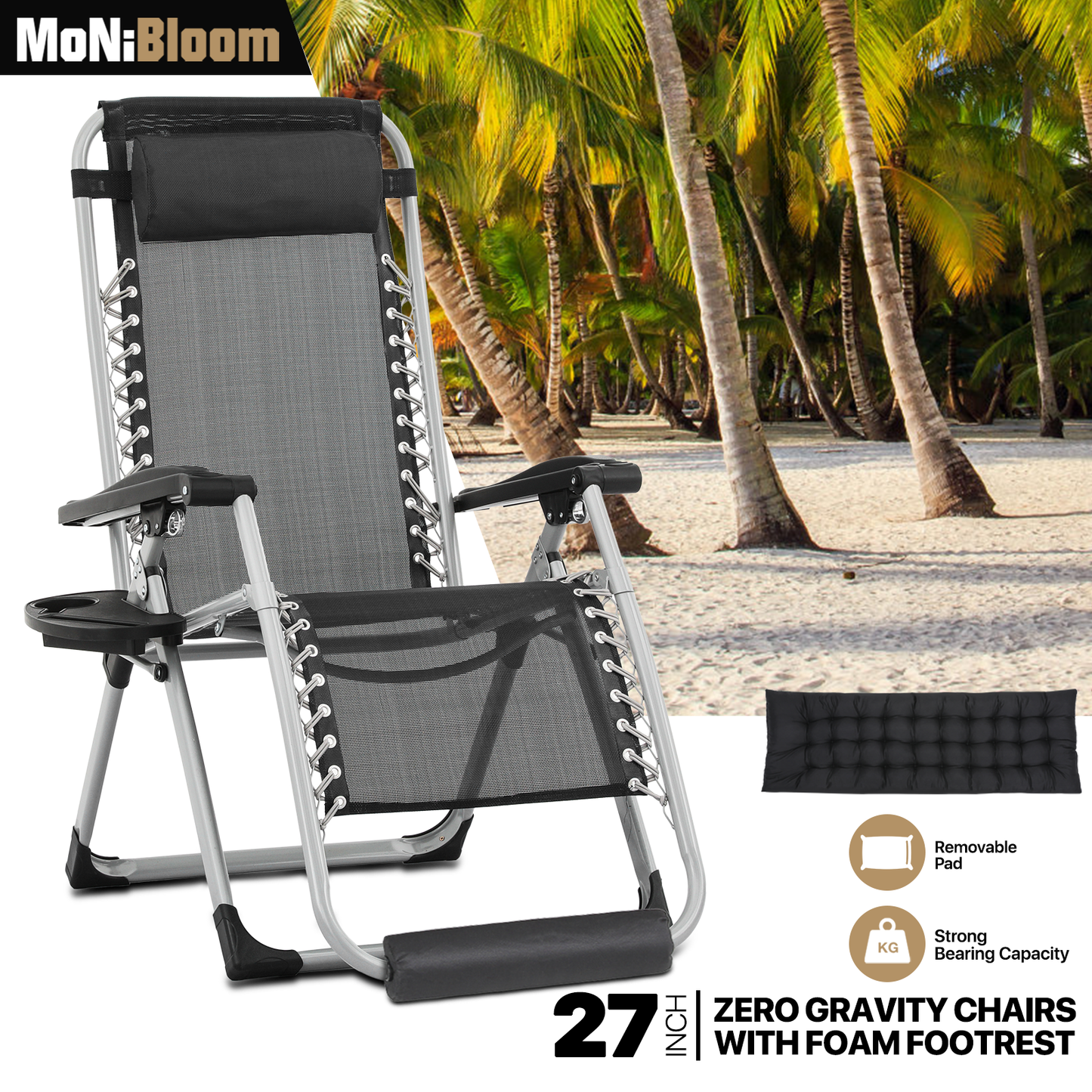 Lounge Chair - Adjustable Backrest 95°-140° - w/ Black Removable Pad & Headrest & Foot Pads