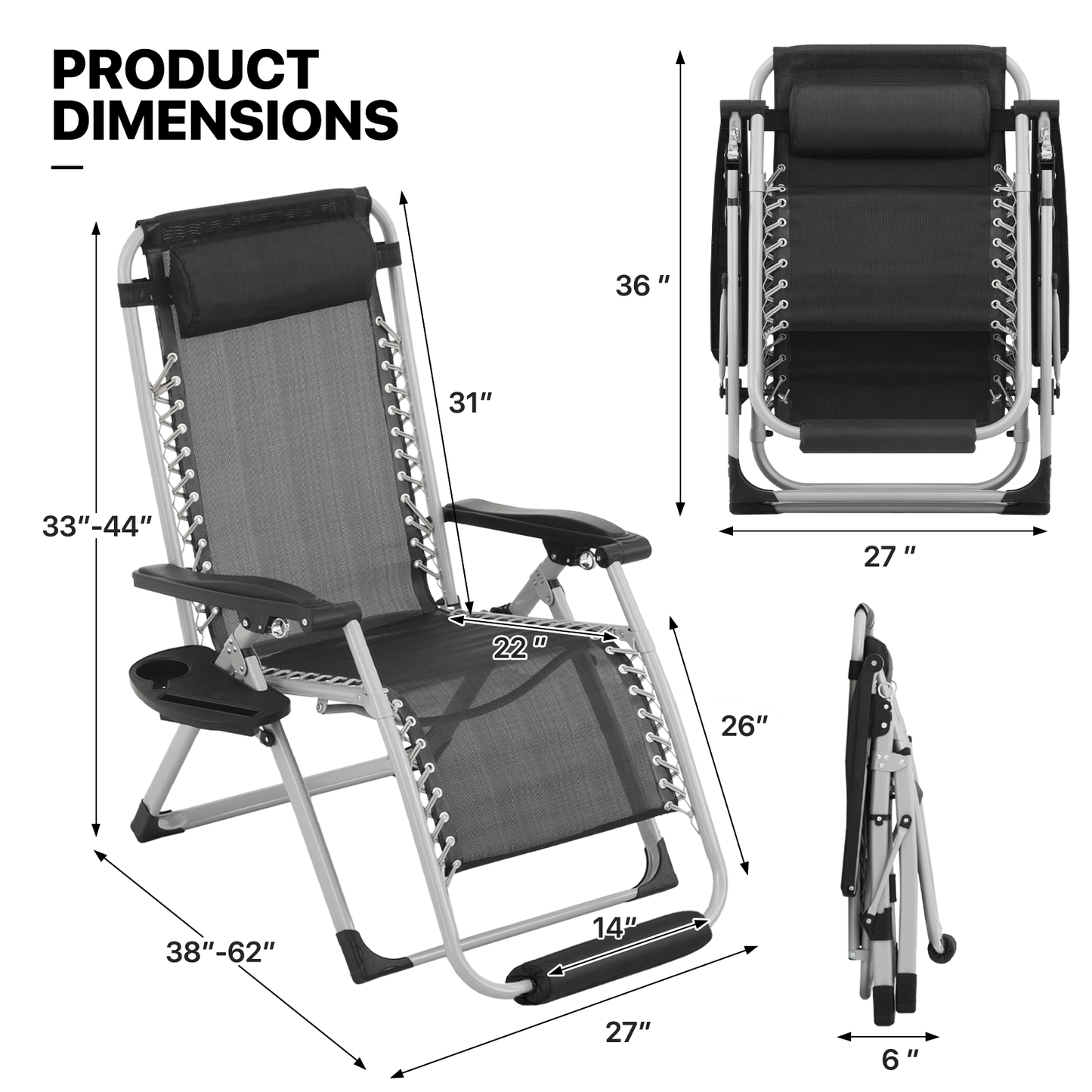 Lounge Chair - Adjustable Backrest 95°-140° - w/ Black Removable Pad & Headrest & Foot Pads