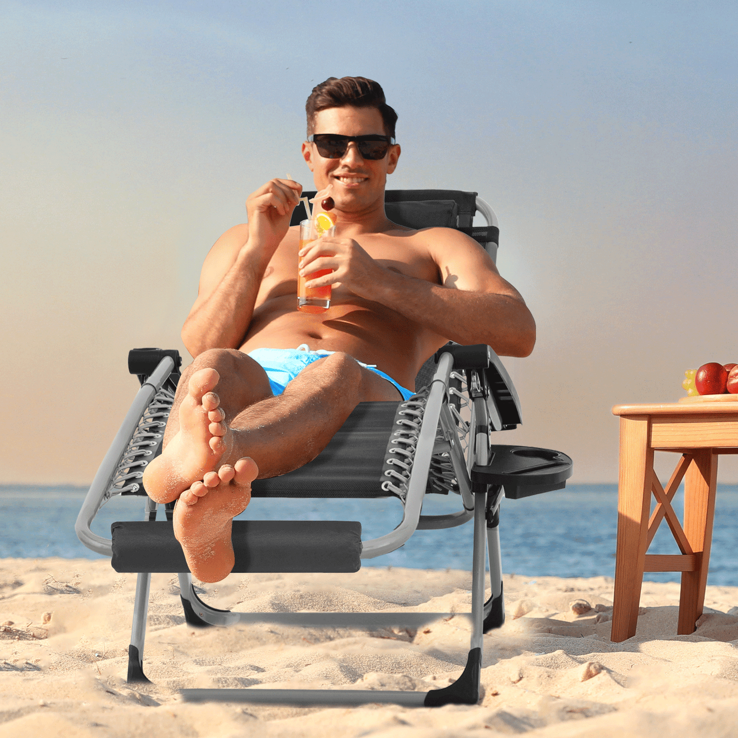 Lounge Chair - Adjustable Backrest 95°-140° - w/ Black Removable Pad & Headrest & Foot Pads