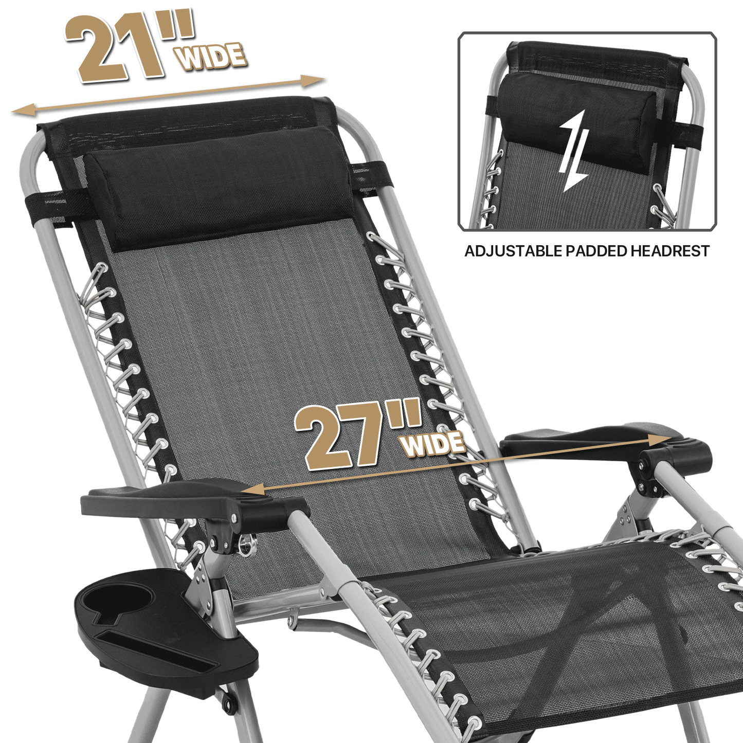 Lounge Chair - Adjustable Backrest 95°-140° - w/ Black Removable Pad & Headrest & Foot Pads