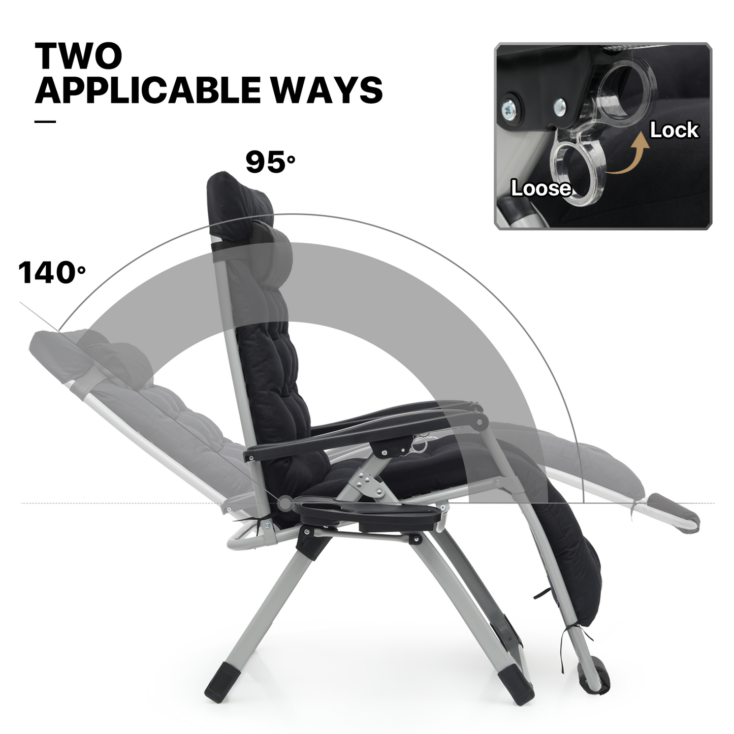 Lounge Chair - Adjustable Backrest 95°-140° - w/ Black Removable Pad & Headrest & Foot Pads