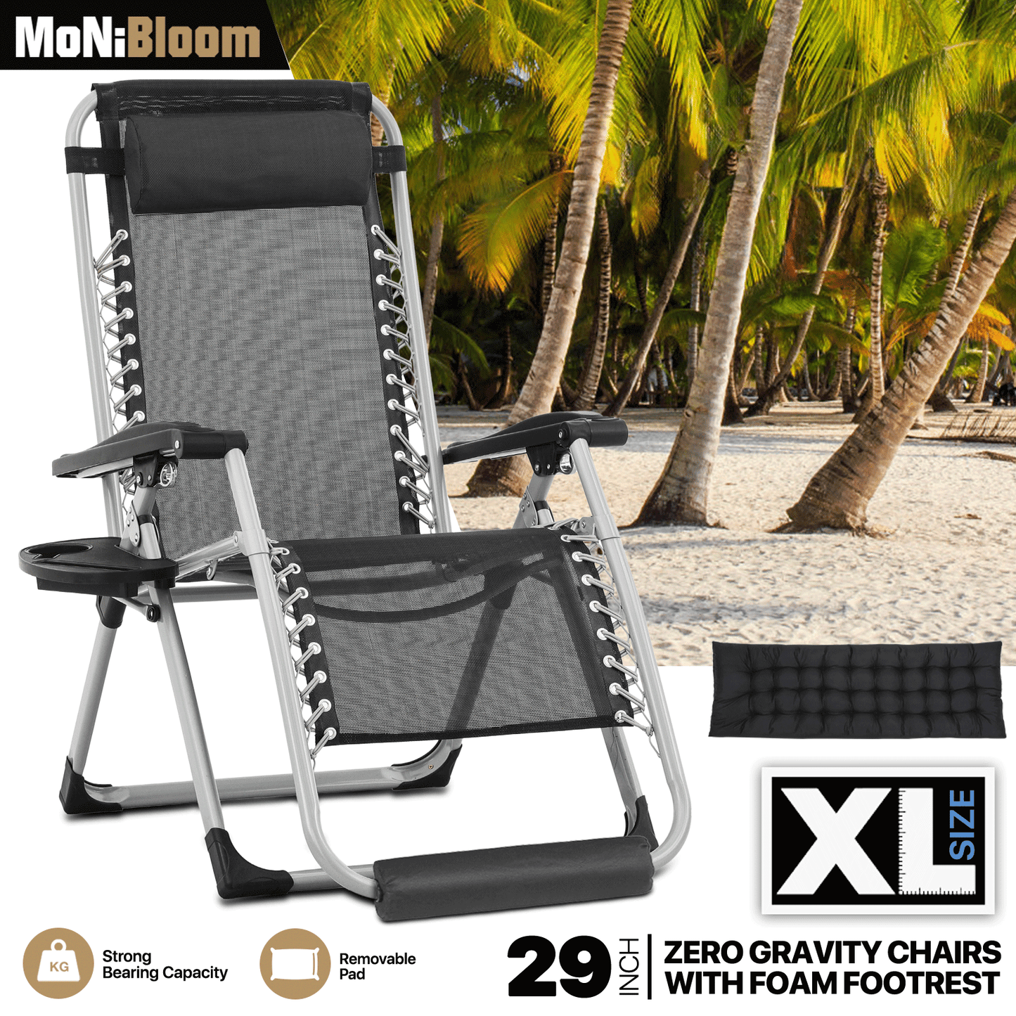 Adjustable Back Lounge Chair - 29" Width Seat - w/Removable Pad+Headrest+Foot Pad