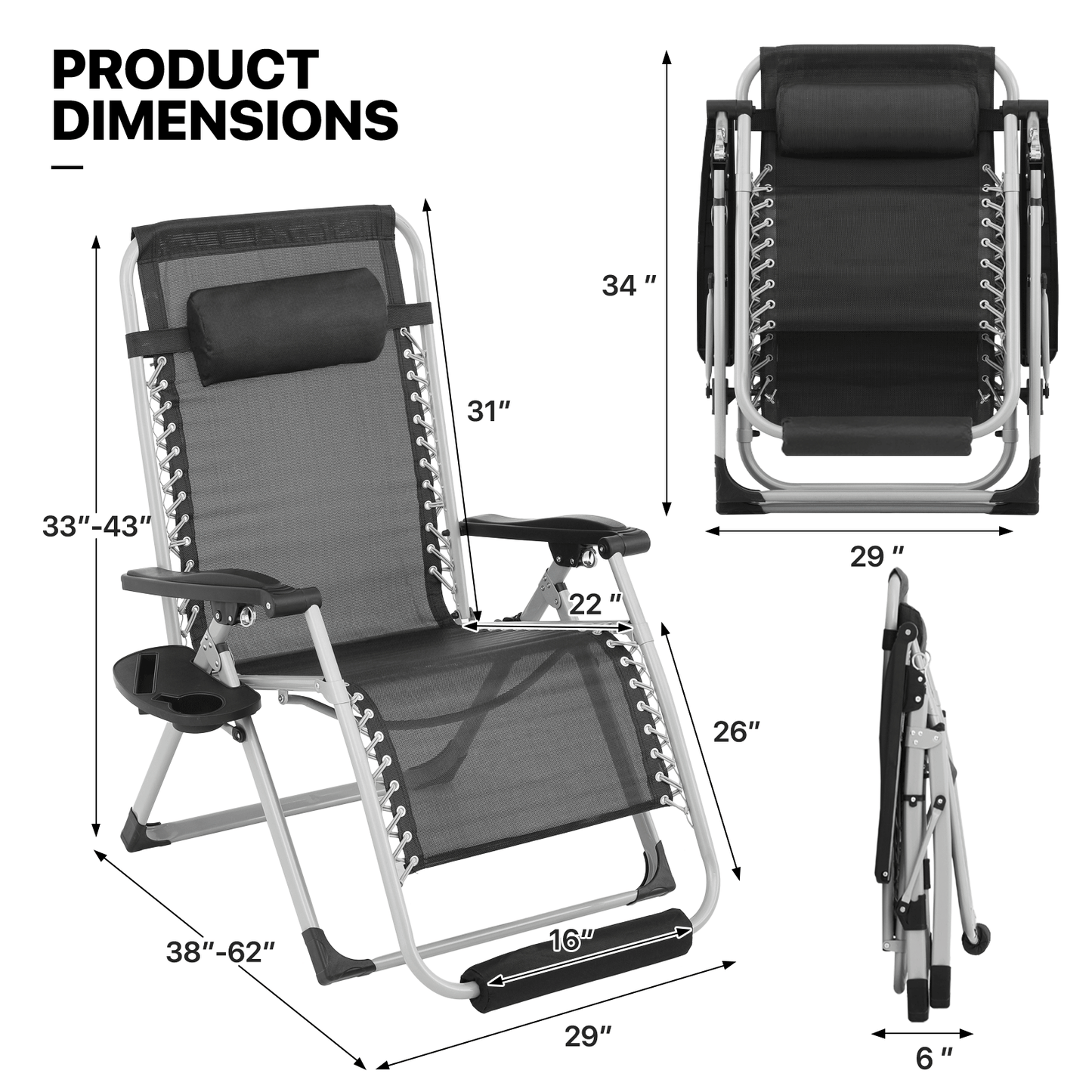 Adjustable Back Lounge Chair - 29" Width Seat - w/Removable Pad+Headrest+Foot Pad