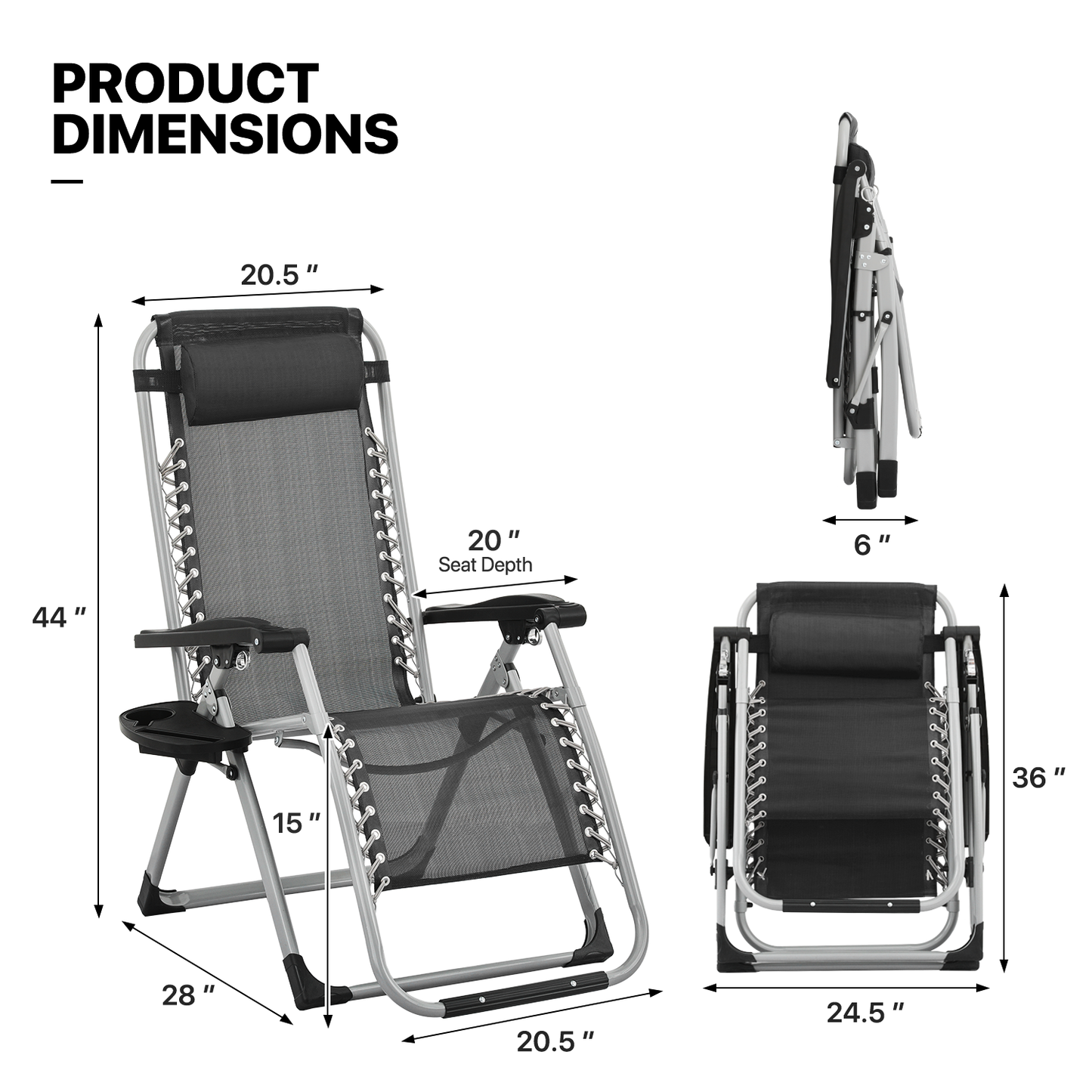 Folding Zero Gravity Chair 20.5"x28"x44" - Detachable Cushion & Headrest