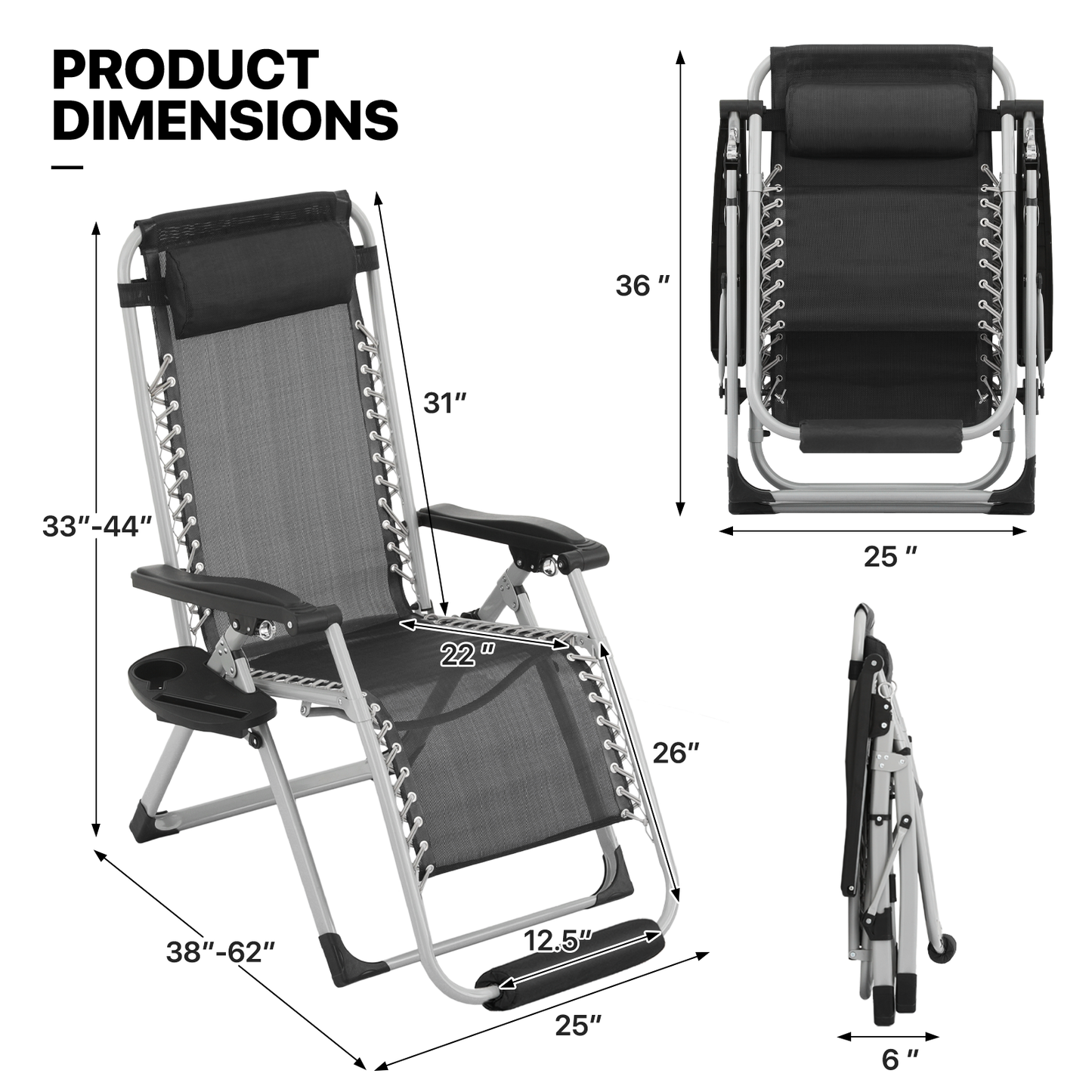Adjustable Back Lounge Chair - w/Removable Pad+Headrest+Foot Pad