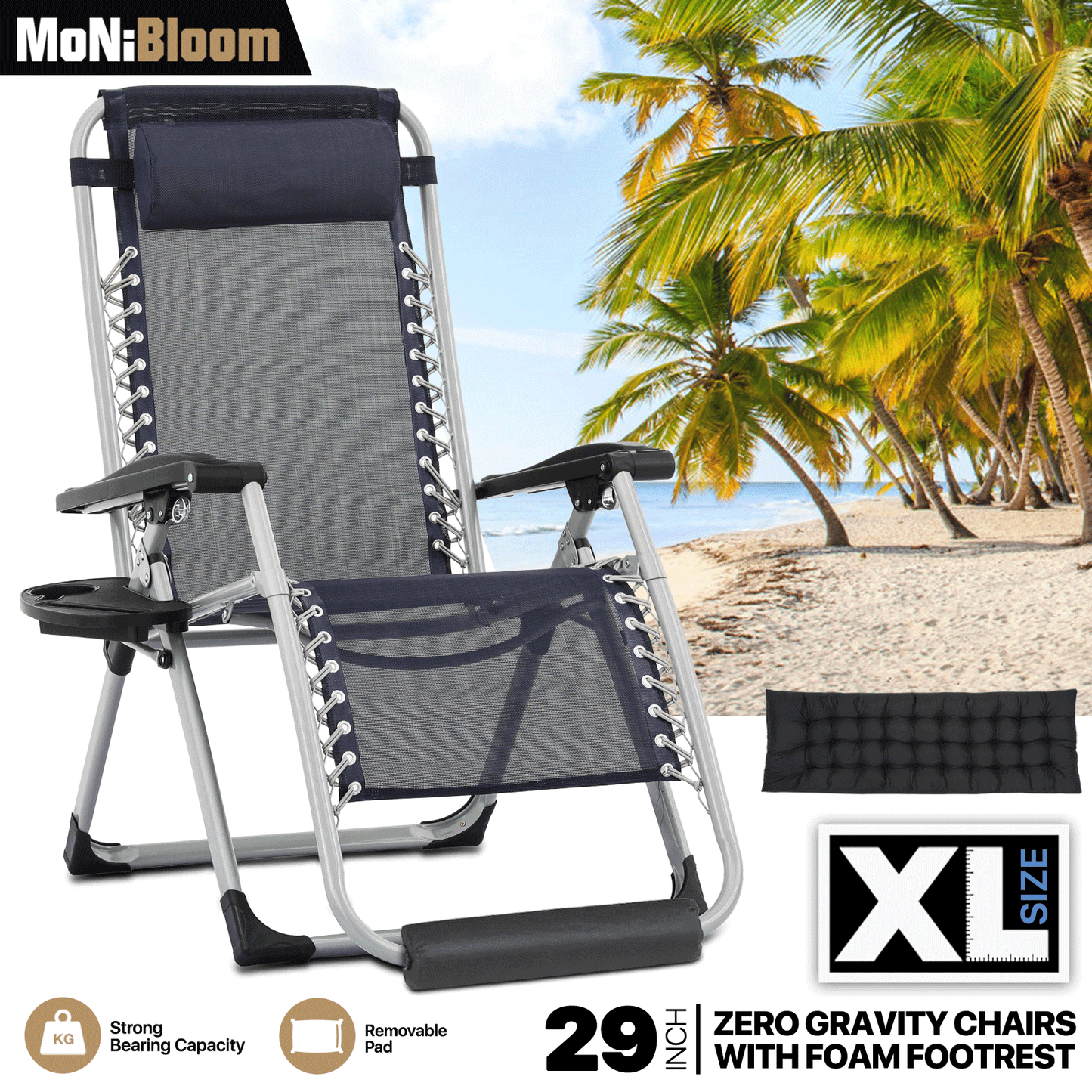 Adjustable Back Lounge Chair - 29" Width Seat - w/Removable Pad+Headrest+Foot Pad