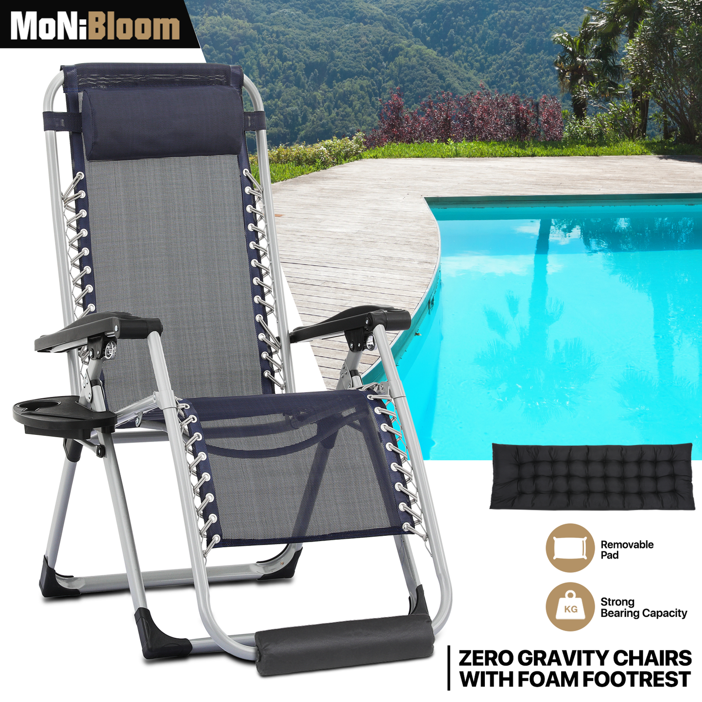 Adjustable Back Lounge Chair - w/Removable Pad+Headrest+Foot Pad