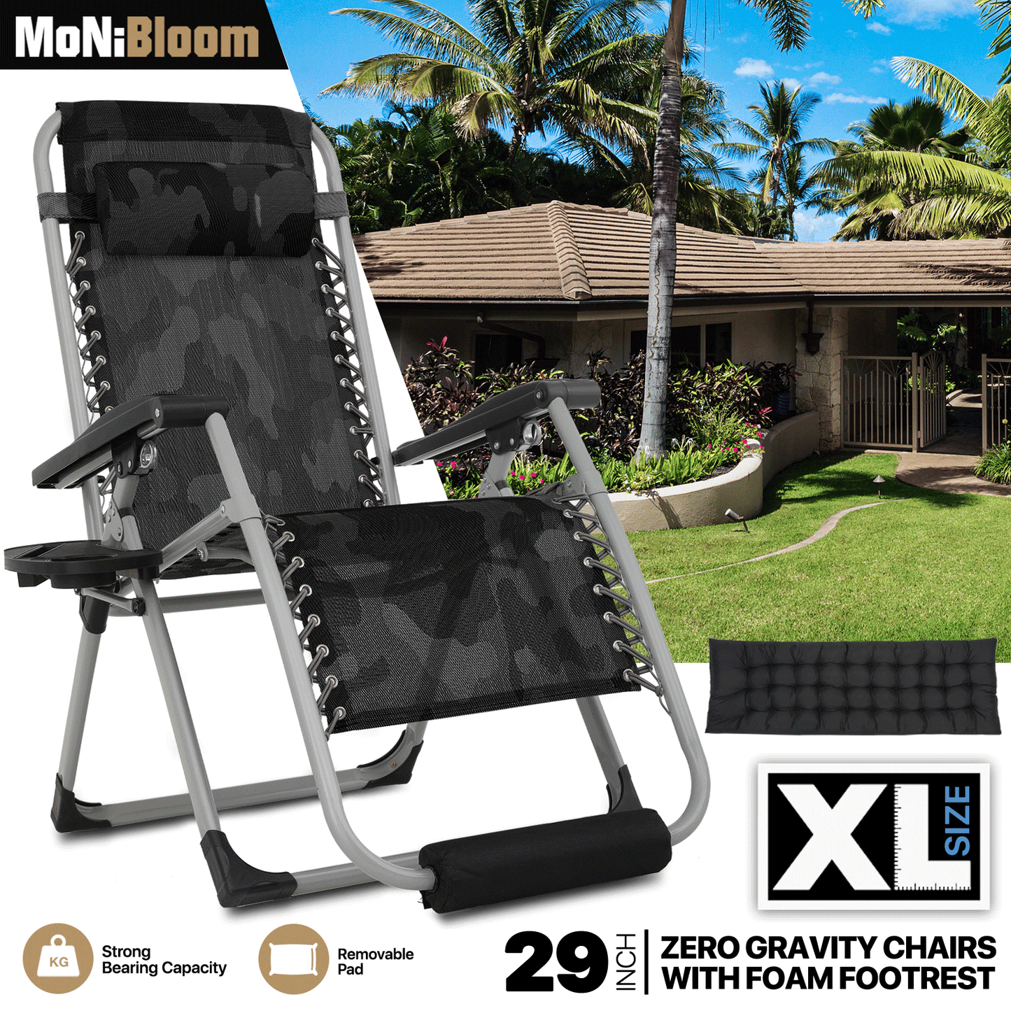 Adjustable Back Lounge Chair - 29" Width Seat - w/Removable Pad+Headrest+Foot Pad