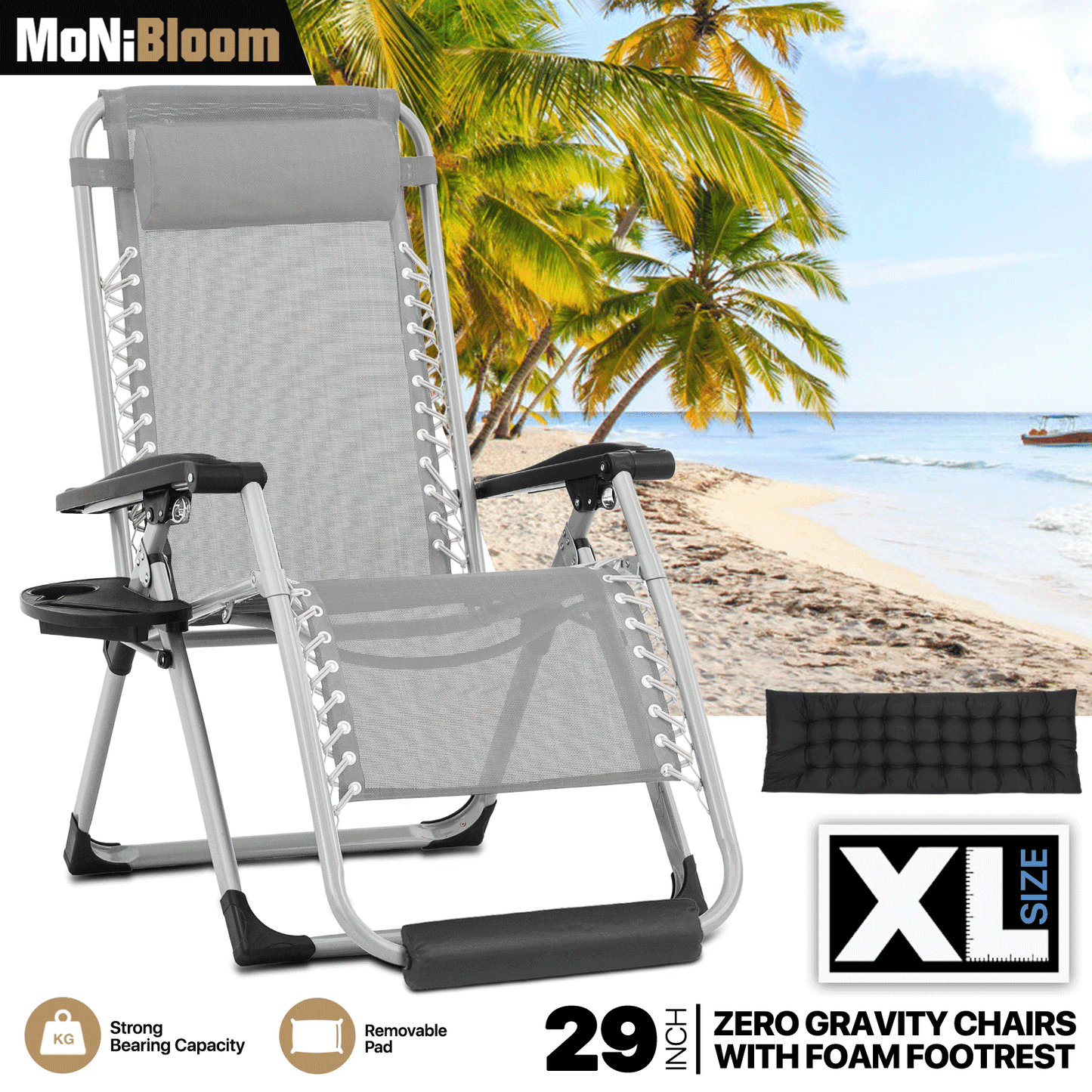 Adjustable Back Lounge Chair - 29" Width Seat - w/Removable Pad+Headrest+Foot Pad