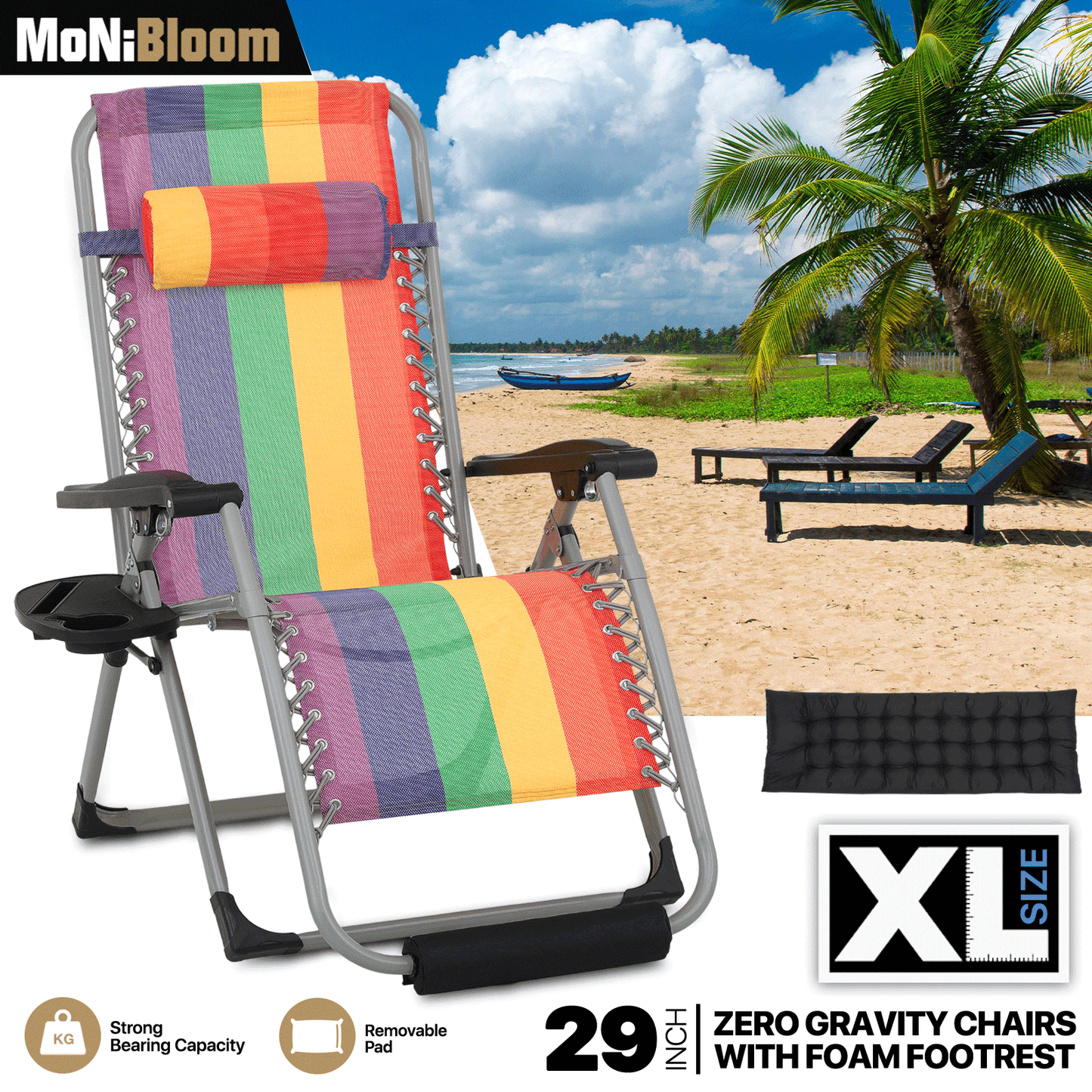 Adjustable Back Lounge Chair - 29" Width Seat - w/Removable Pad+Headrest+Foot Pad