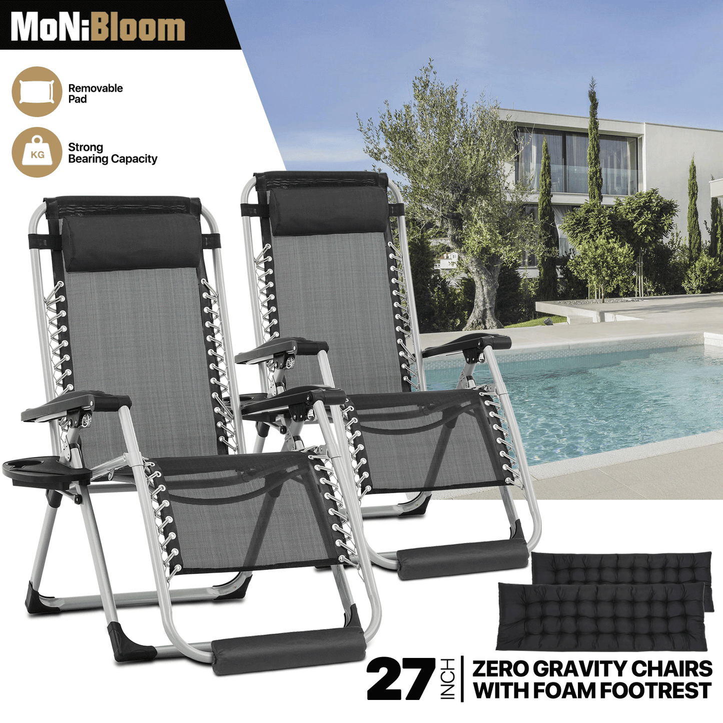 Lounge Chair - Adjustable Backrest 95°-140° - w/ Black Removable Pad & Headrest & Foot Pads