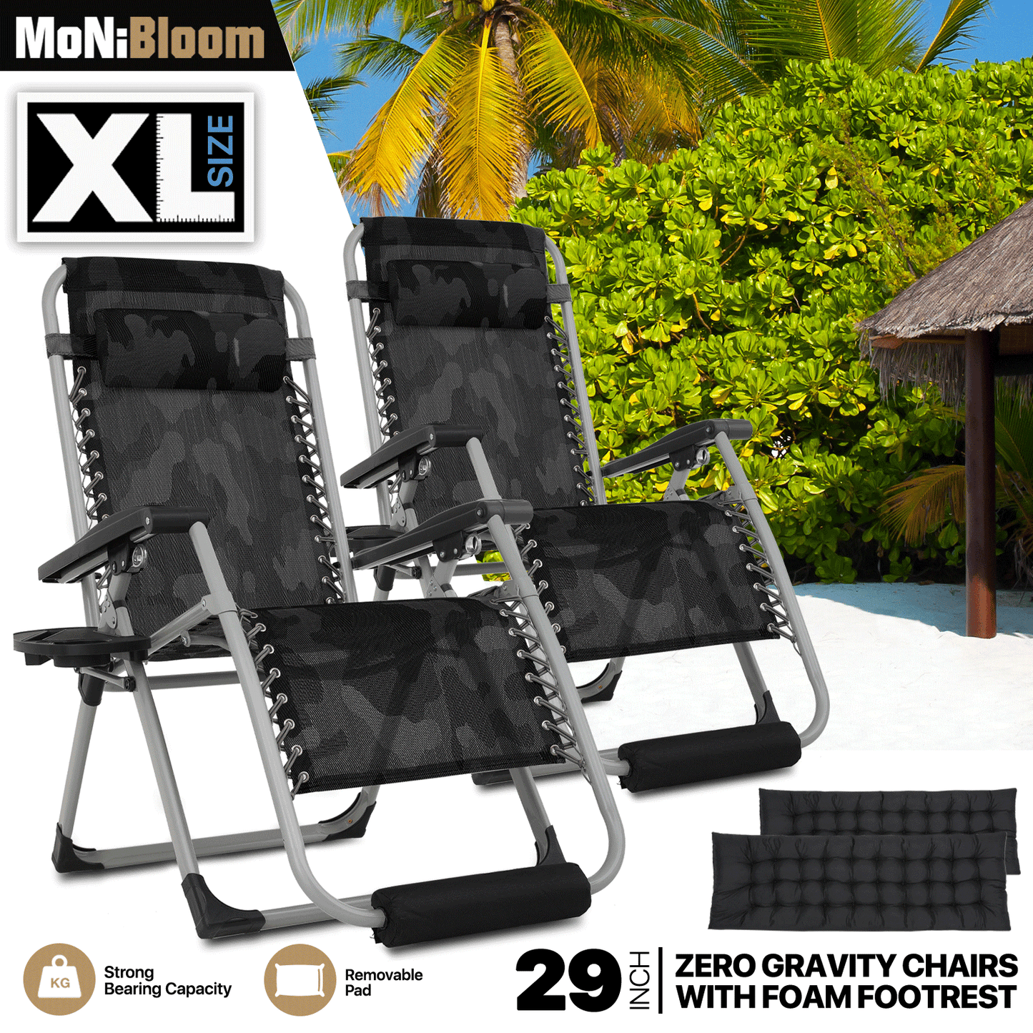 2 Pieces Adjustable Back Lounge Chair - 29" Width Seat - w/Removable Pad+Headrest+Foot Pad