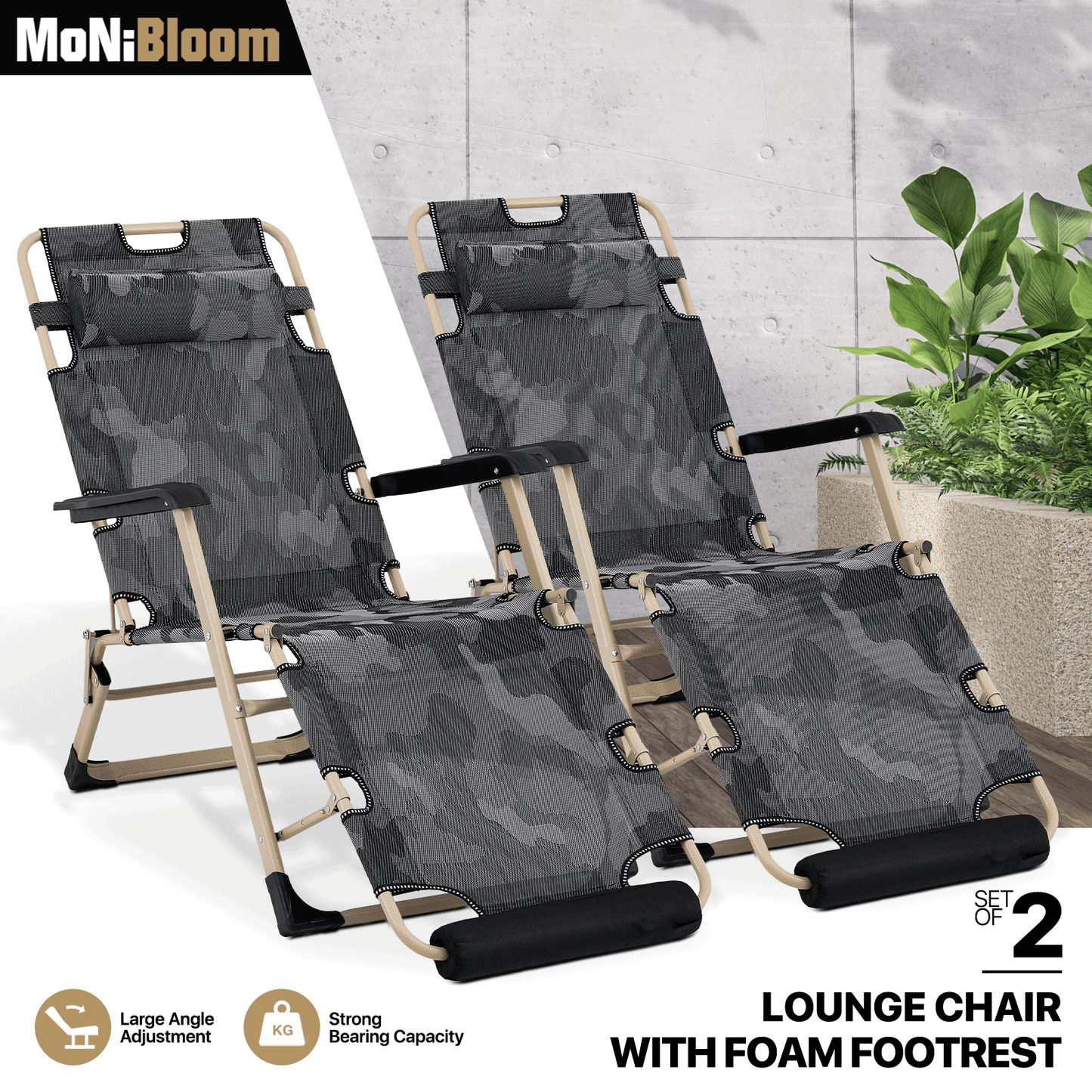 2 Pieces Adjustable Lounge Chair - 26" Seat Width - w/ Headrest & Foot Pads