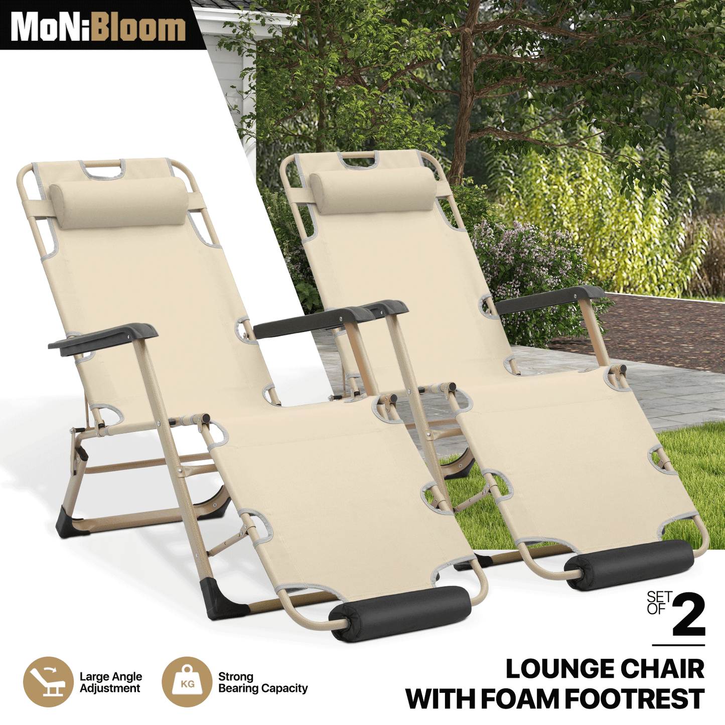 2 Pieces Adjustable Lounge Chair - 26" Seat Width - w/ Headrest & Foot Pads