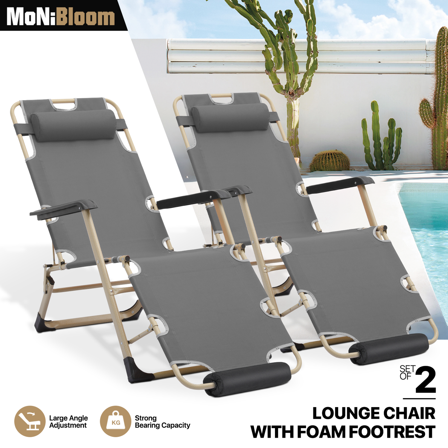 2 Pieces Adjustable Lounge Chair - 26" Seat Width - w/ Headrest & Foot Pads