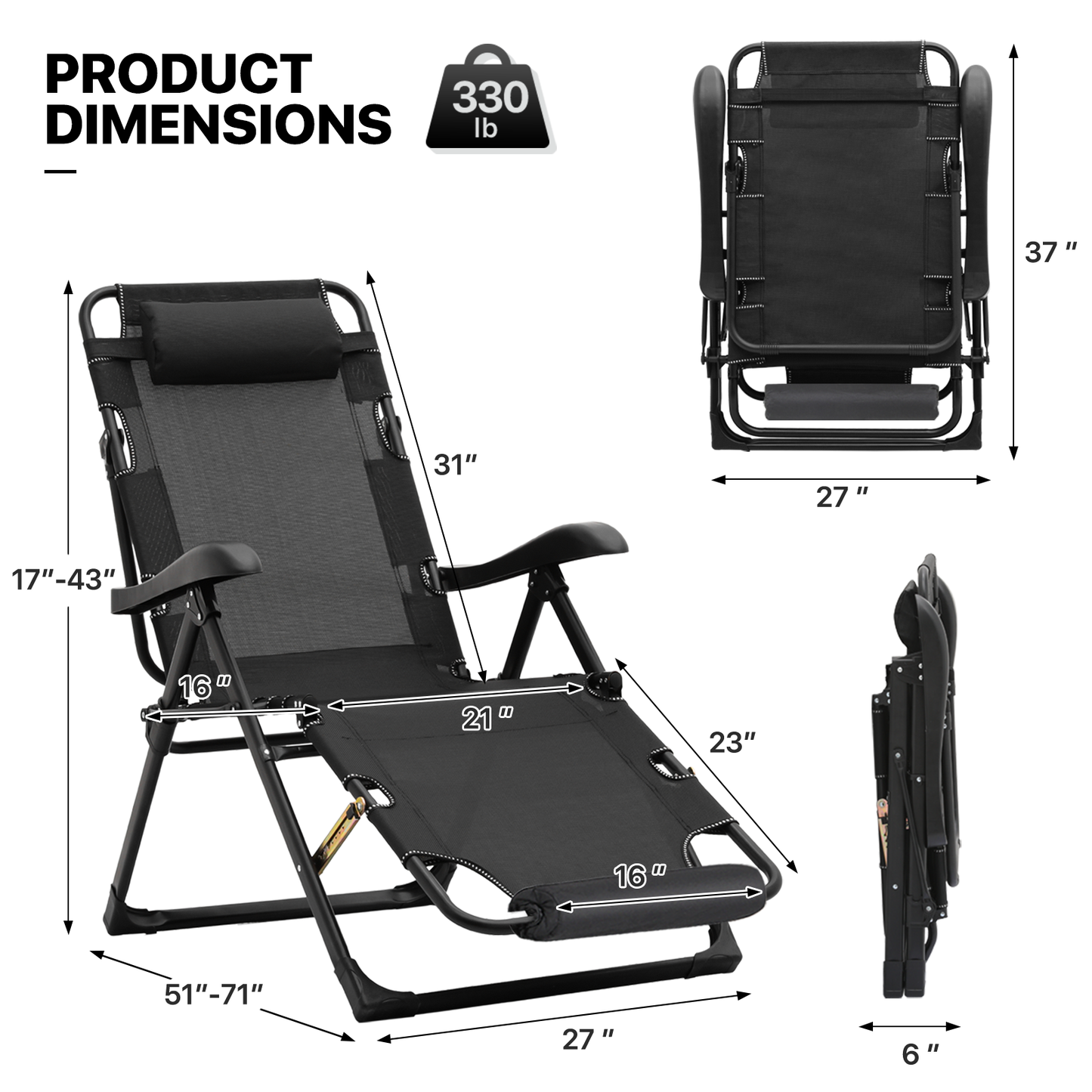 Lounge Chair - 27" Seat Width - Adjustable Backrest 95°-180° - w/ Headrest & Foot Pads