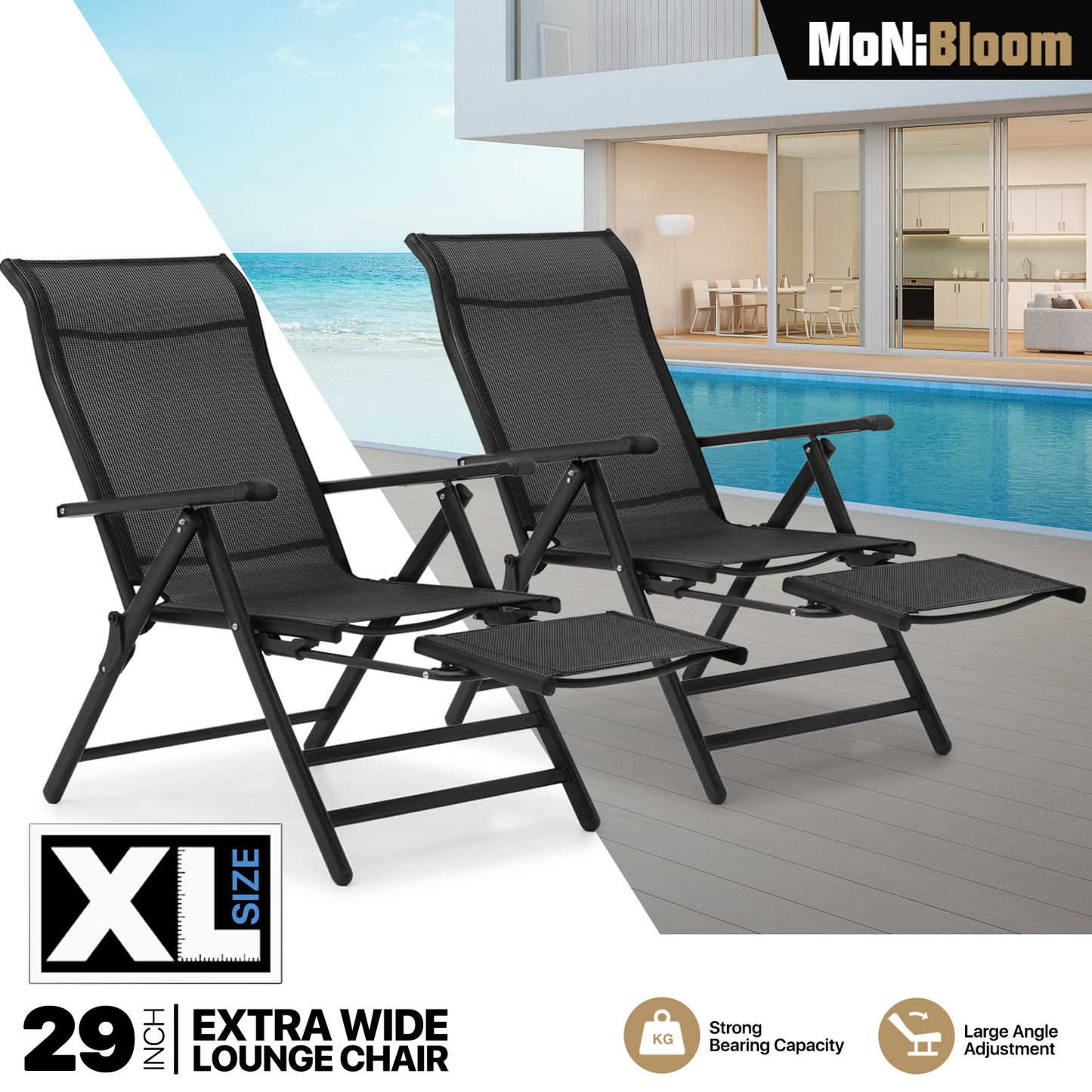 2 Pieces Lounge Chair - 29" Width - 95°-140° Adjustable Angle - Extendable Footrest