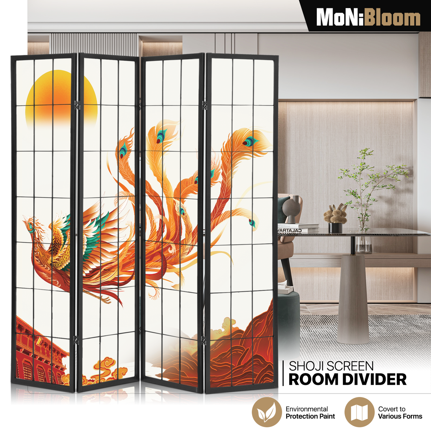 Foldable Room Divider - Phoenix Pattern - 4 Panel