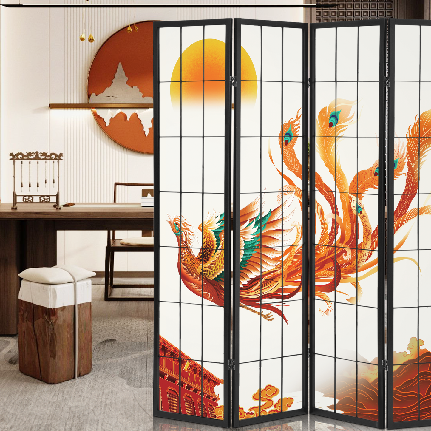 Foldable Room Divider - Phoenix Pattern - 4 Panel