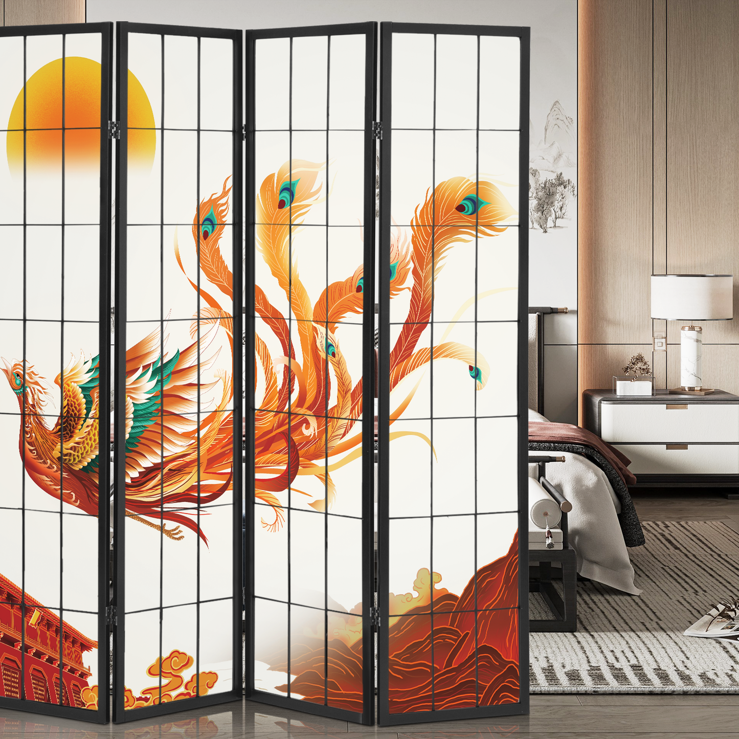 Foldable Room Divider - Phoenix Pattern - 4 Panel