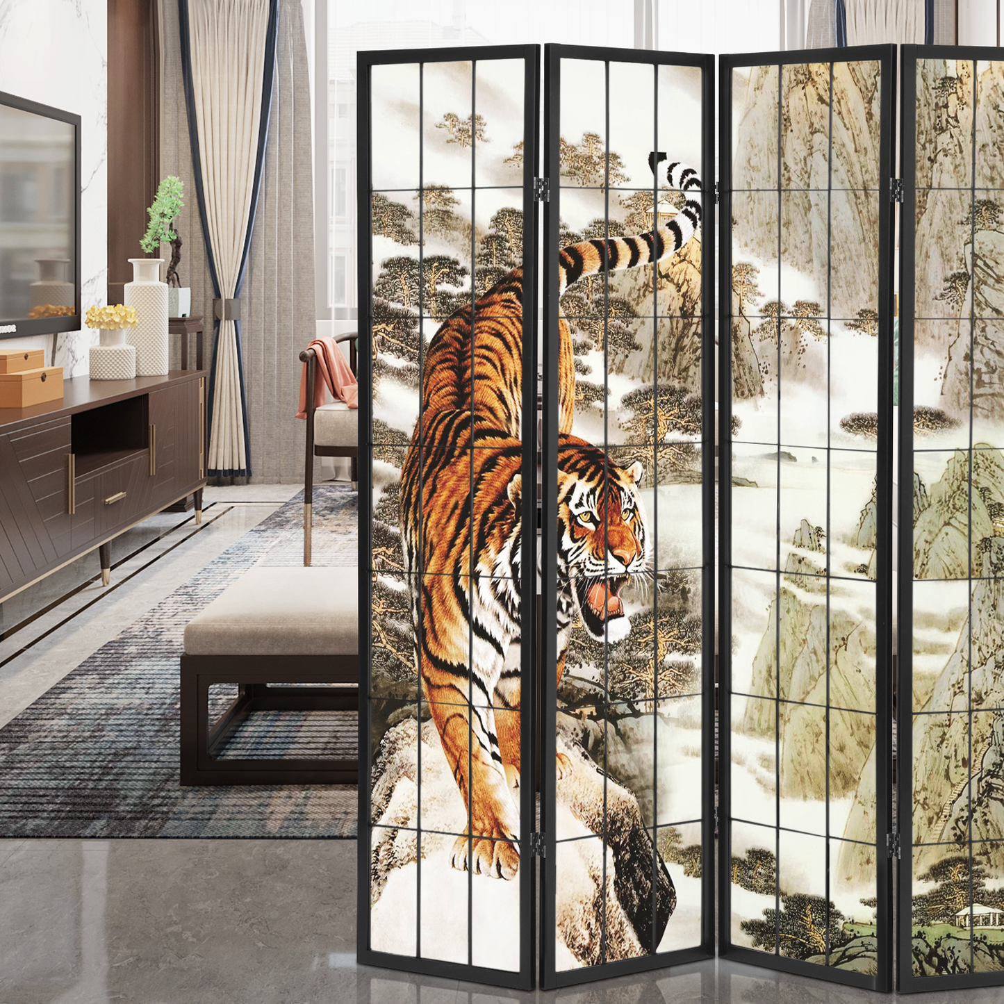 Foldable Room Divider - Tiger Pattern - 4 Panel