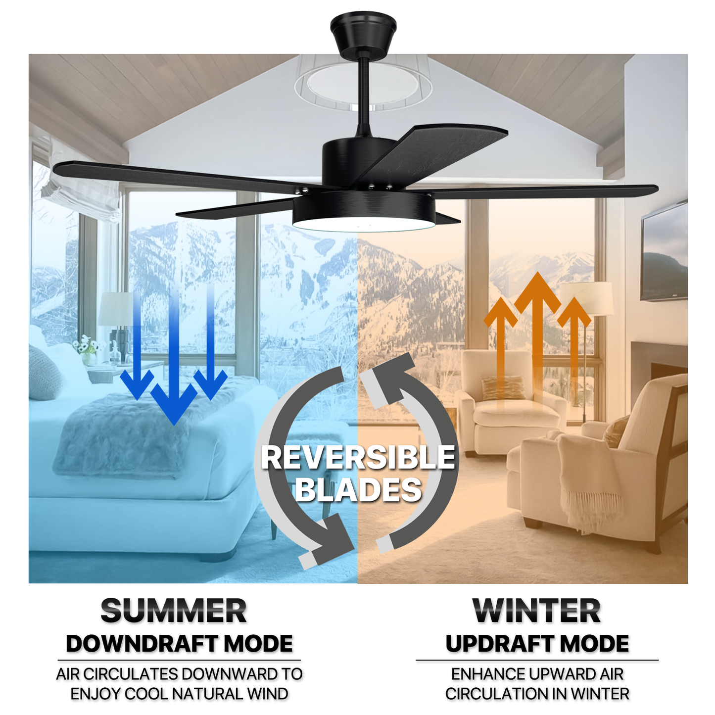 52" LED Ceiling Fan - 5 Blades - 3 Color Changing - 6 Speeds w/2 Down Rods